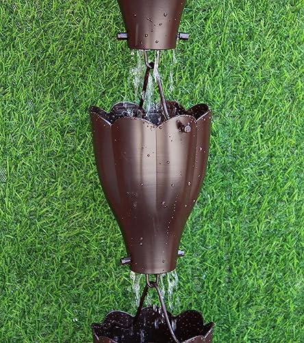 Miniatura 5 de Kam Home XL - Cadena de lluvia de aluminio festoneada con adaptador de canalón de latón para instalación de cadena de lluvia (10 pies, marrón)