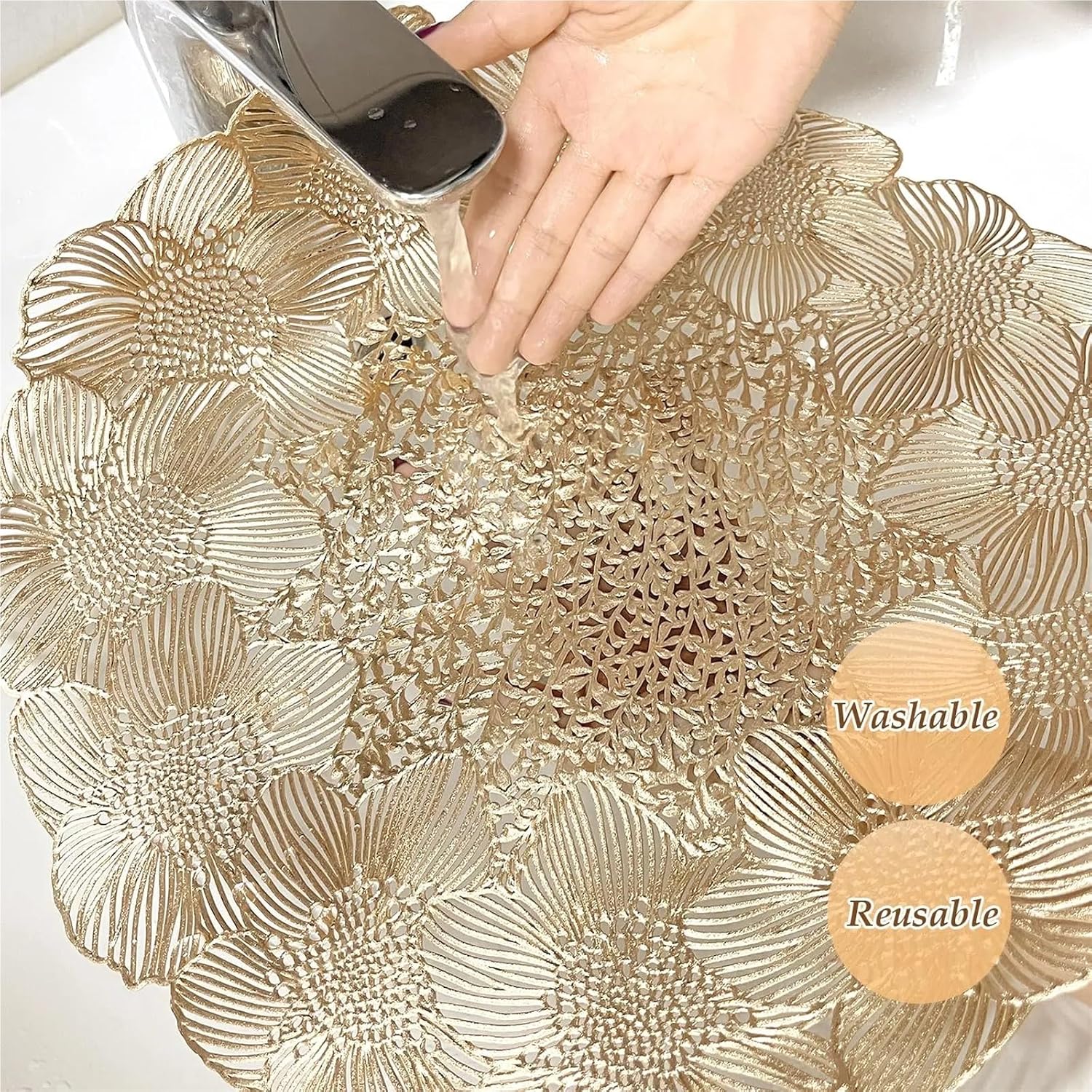 Round Placemats for Dining Table Set of 6 Pressed Metallic Place Mats Table Mats for Wedding Anniversary Party Decoration(Silver)