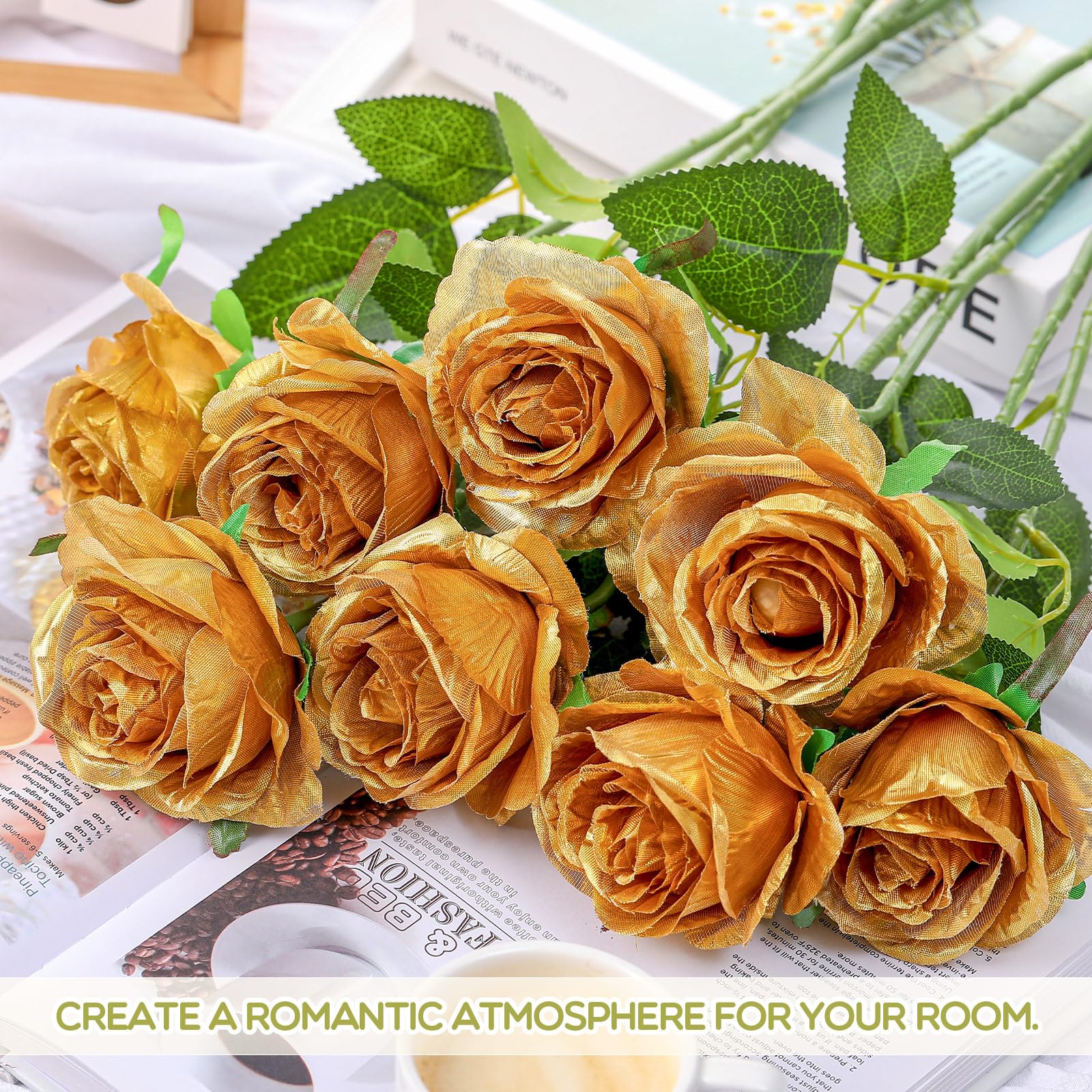 Jexine 100 Pieces Artificial Roses Flowers Bulk, Long Stem Realistic Fake Silk Roses Bouquet for Table Centerpiece Vases Wedding Party Home Kitchen Decor (Gold)