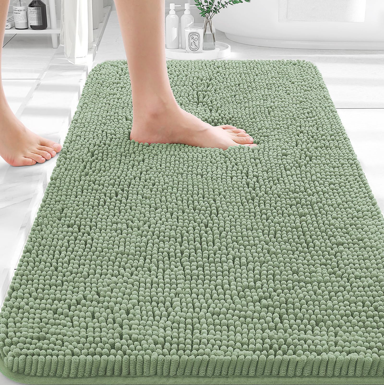 OLANLY Bathroom Rugs 35x24, Extra Soft Absorbent Chenille Bath Rugs | Sage Green, Quick-Drying Rubber Backing, Machine Washable Bath Mat for Bathroom Floor, Tub and Shower, Home Decor Accessories