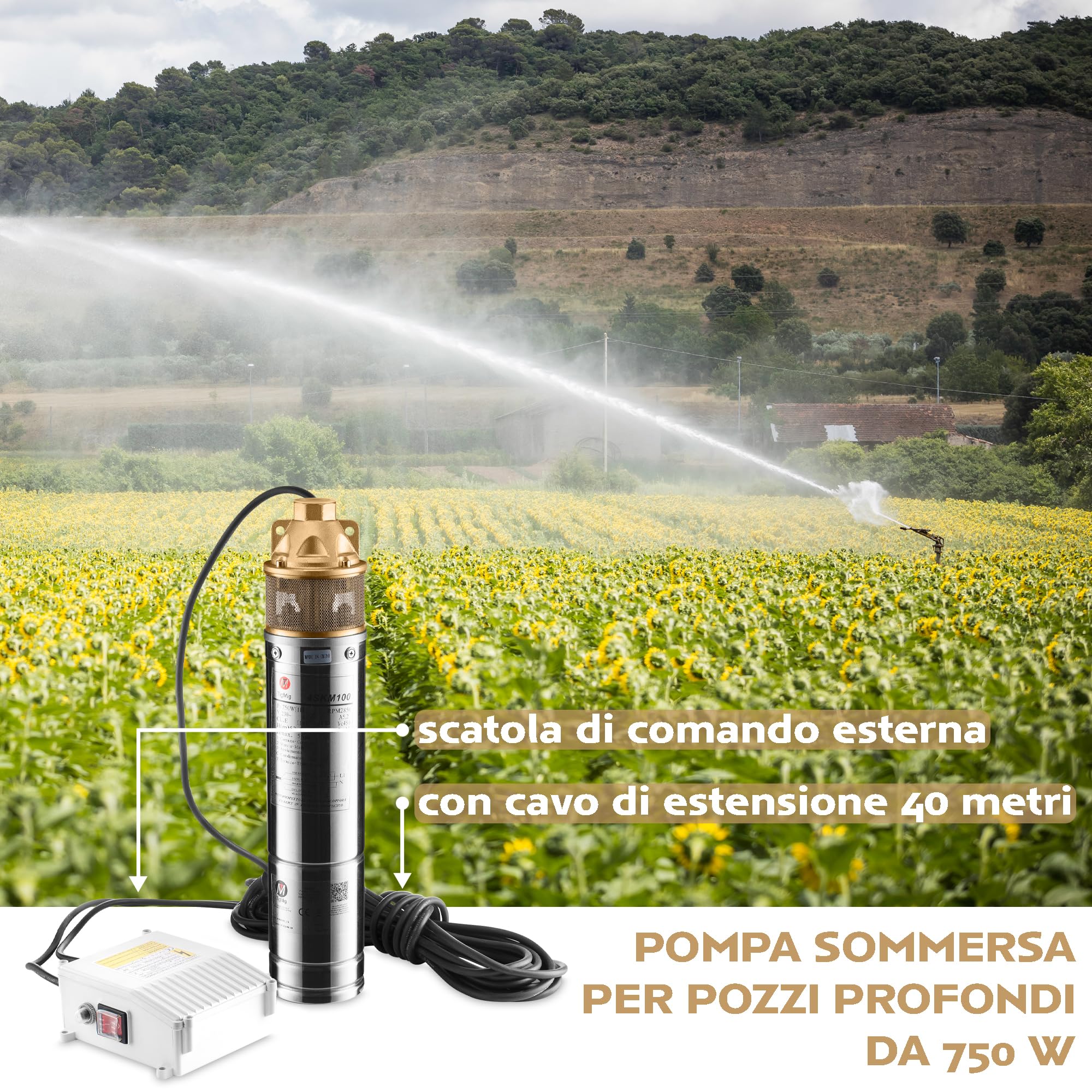 TIGMIG Pompa Sommersa Per Pozzi 750 W, 40m, Portata Max 2700 litri/h, Acciaio Inox 304, Protezione IP68, Pompa Immersione Sommergibile, Pozzi Profondi, Terreni Agricoli, Irrigazione, Drenaggio Cantine
