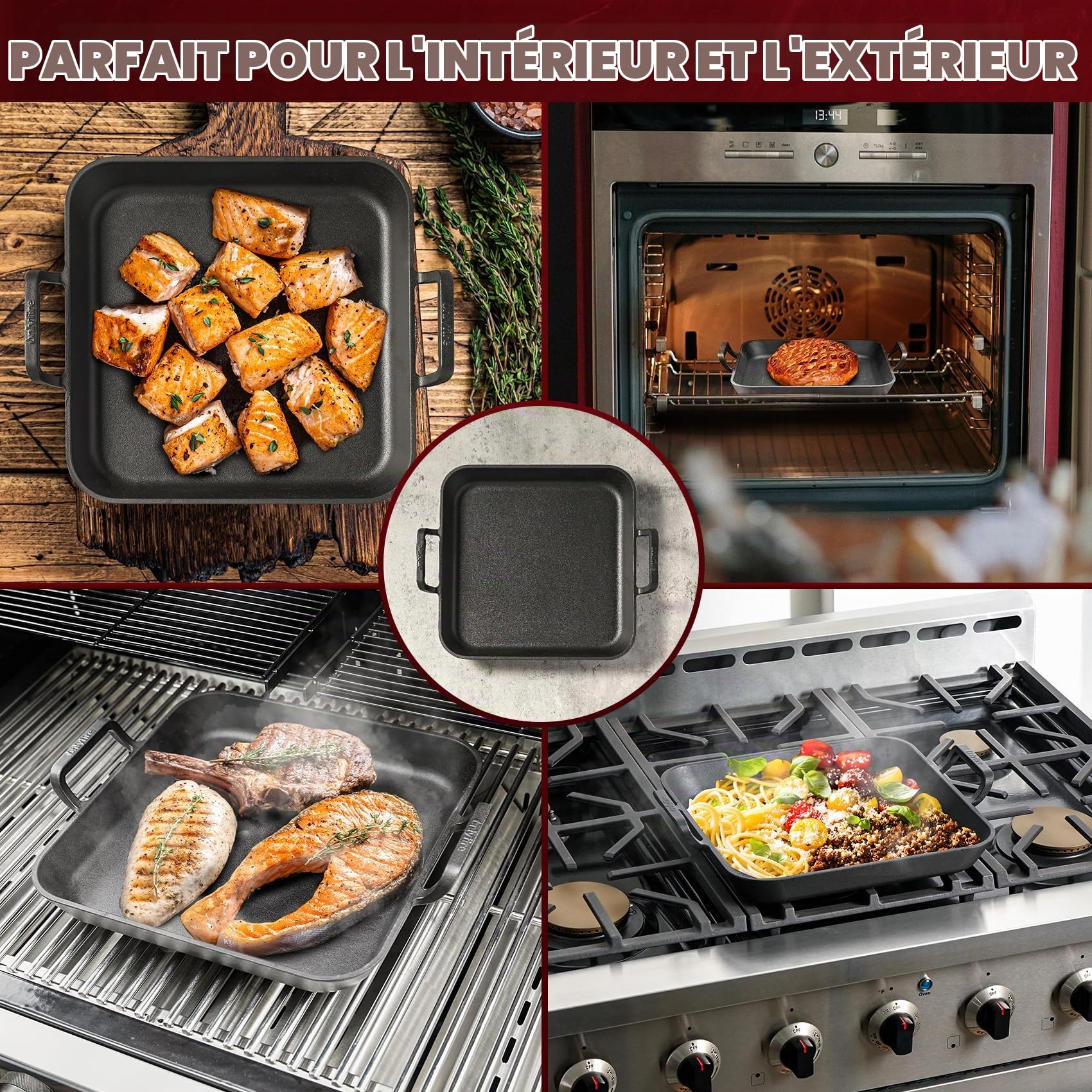 onlyfire Poêle en Fonte avec Poignée pour Barbecue, 31.5 x 31.5 cm, Plaque de Cussion pour BBQ, Poêles Gril Carrée, Accessoire pour Barbecue a Gaz, Charbon et Four