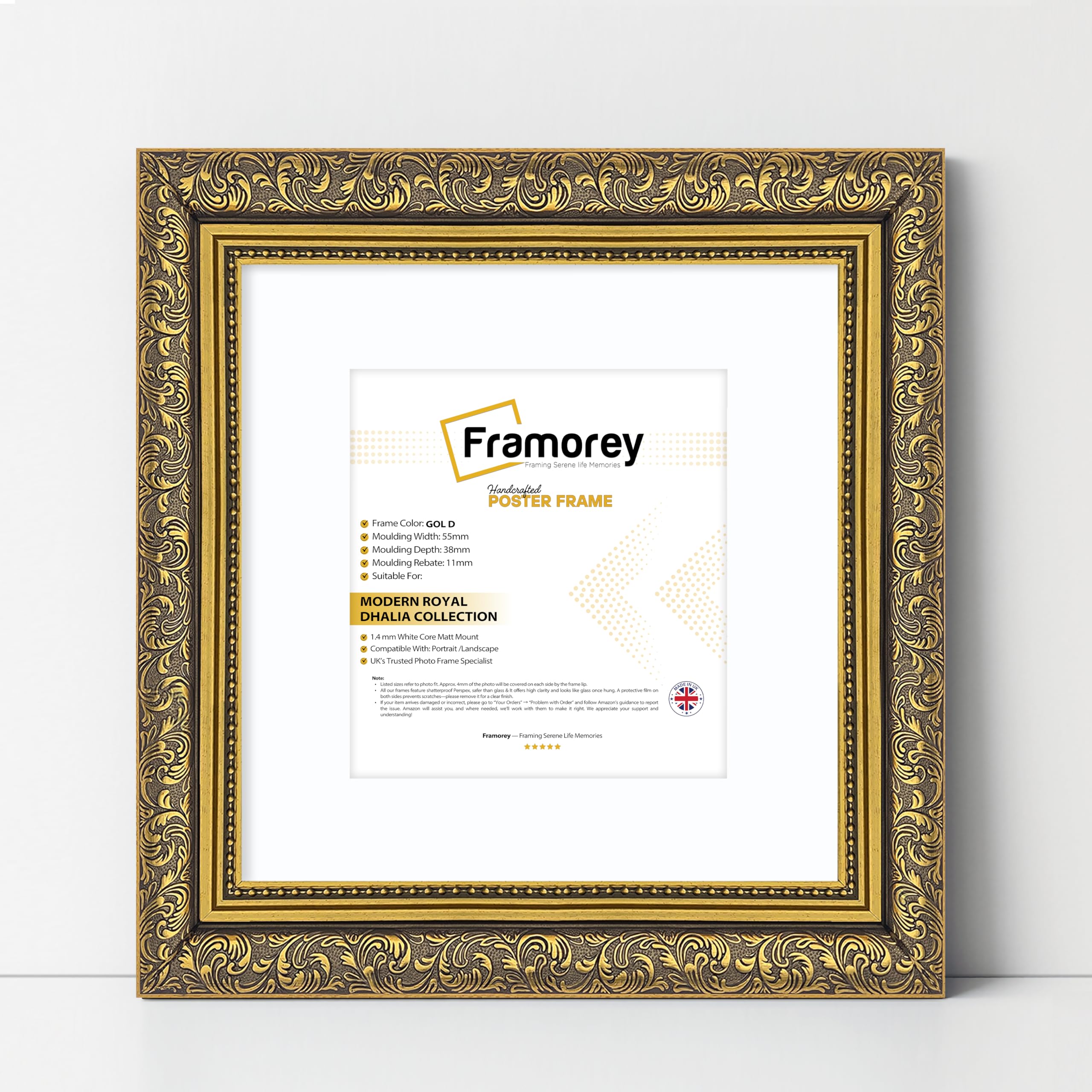 FRAMOREY Square Size Picture Frame, 10x10" Size Gold Photo Frame With 8x8" Size White Mount, Dahlia Ornate Effect Wall Art Poster Frame, Casual Wall Art Frames
