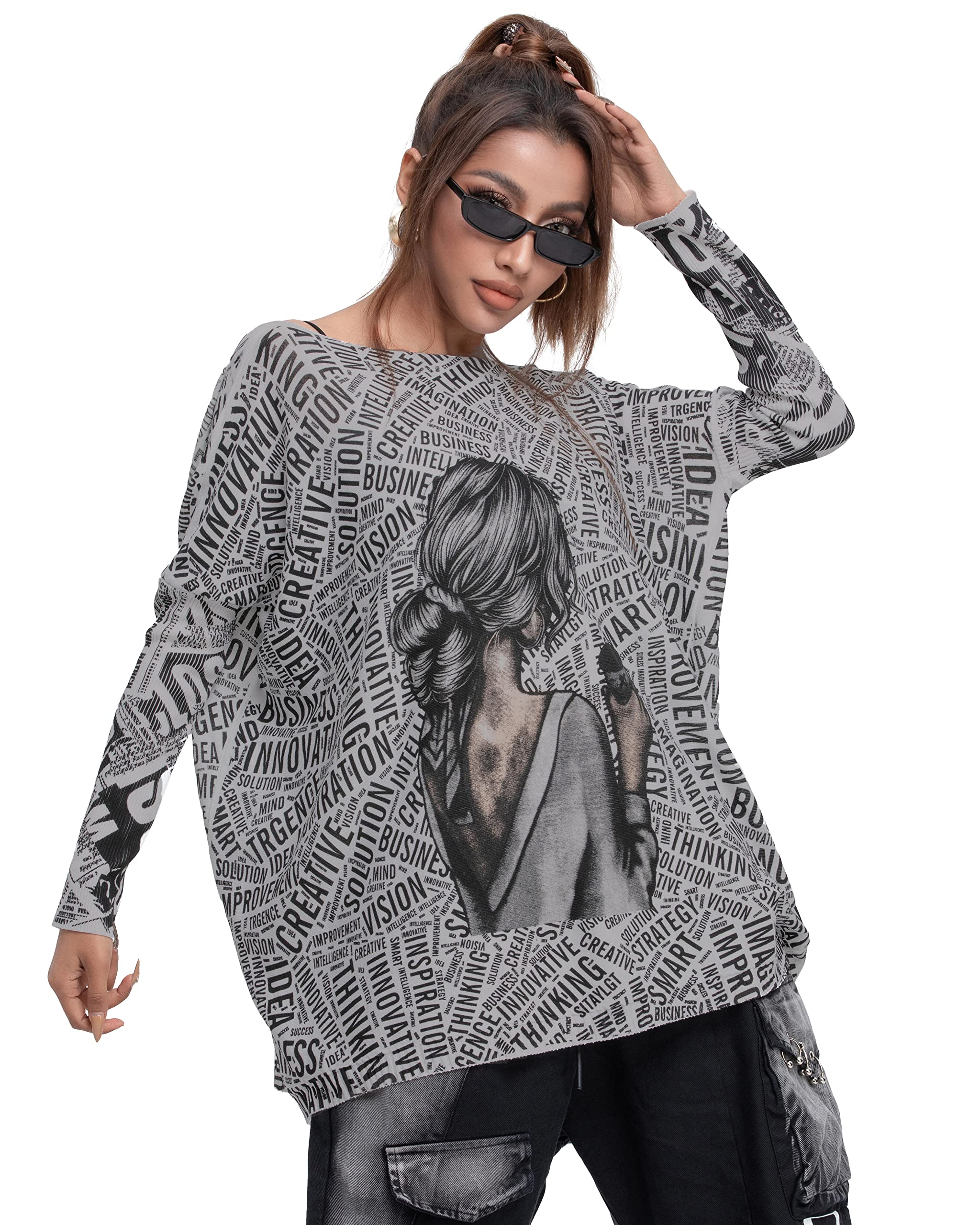 ellazhu Womens Off-Shoulder Long-Sleeved Cute Newspaper Printed Pullover Oversized Sweater Shirt GY2754