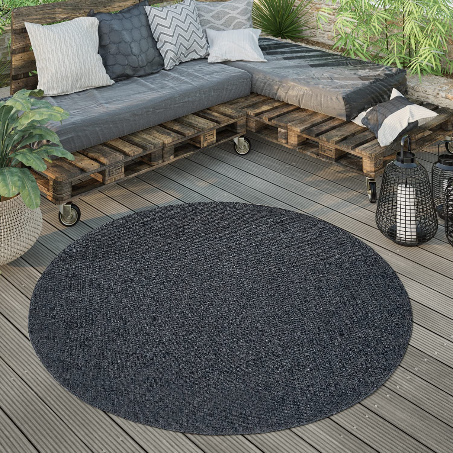 Paco Home In- & Outdoor Teppich wetterfest für Garten, Terrasse & Balkon flachgewebt in Moderner Sisaloptik einfarbig rund pflegeleicht & UV-beständig, Grösse:160 cm Rund, Farbe:Navy-Blau