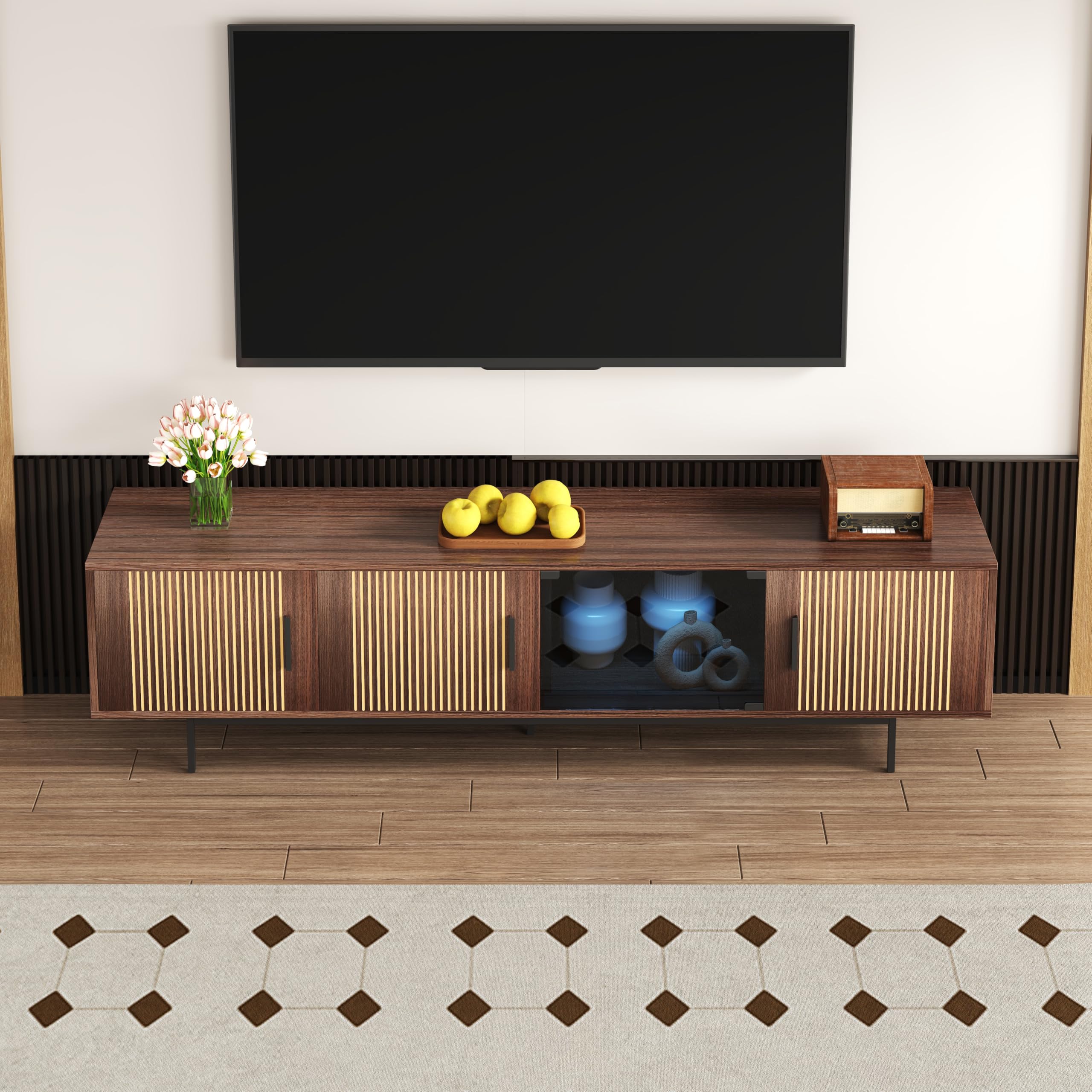 Szafka pod telewizor z diodami LED i drzwiami szklanymi, 200 cm, orzech