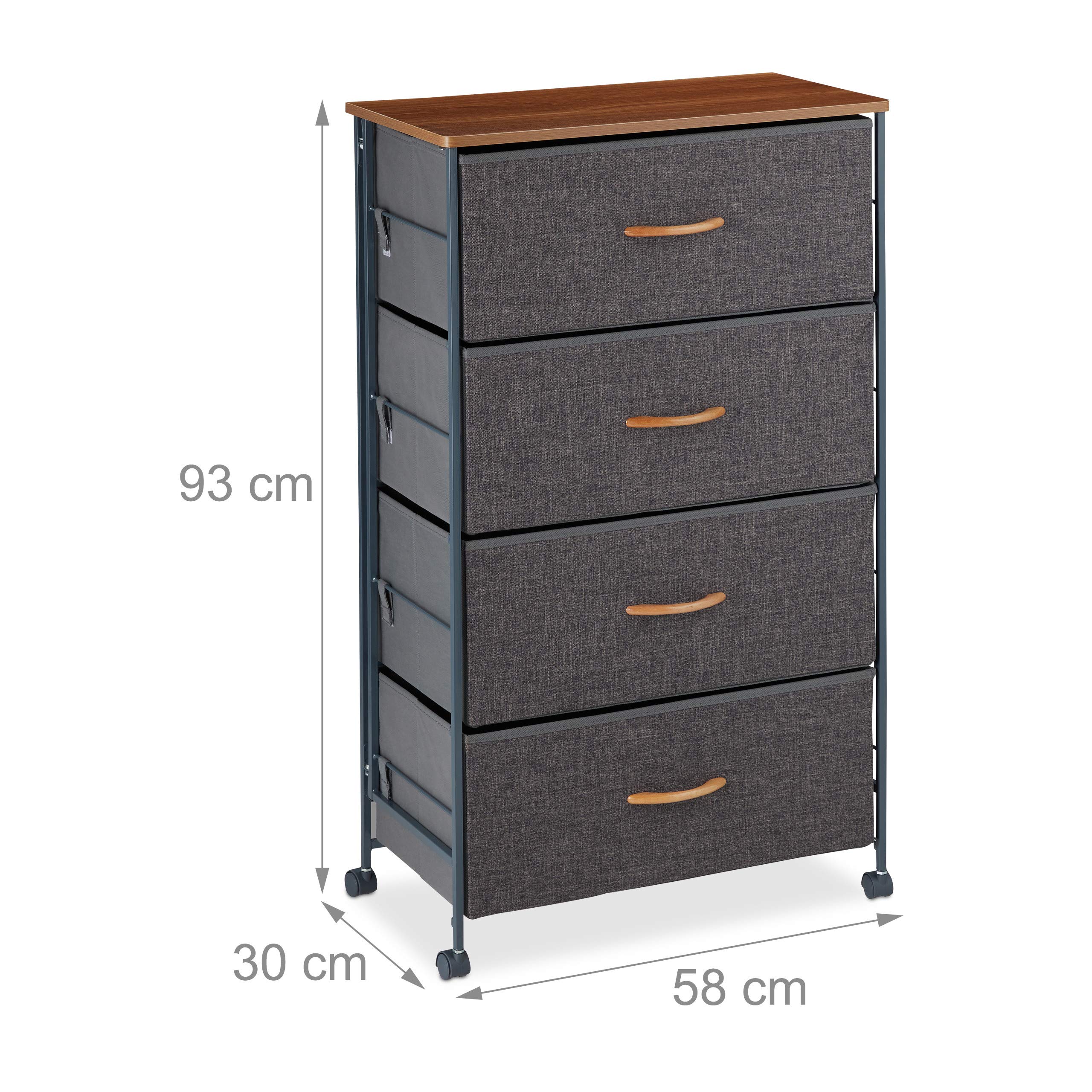 Relaxdays Armoire à Roulettes 4 Tiroirs Tissu - Commode Décorative Effet Bois Gris 93x58x30cm - Rangement Mobile