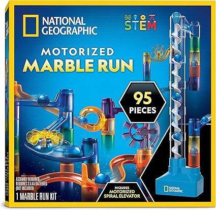 National Geographic Marble Run with Motorized Elevator - 95-Piece Marble Maze Kit with Motorized Spiral Lift, 20 Marbles, Perpetual Motion Machine, STEM Gifts for Boys and Girls, Kids Physics Toys