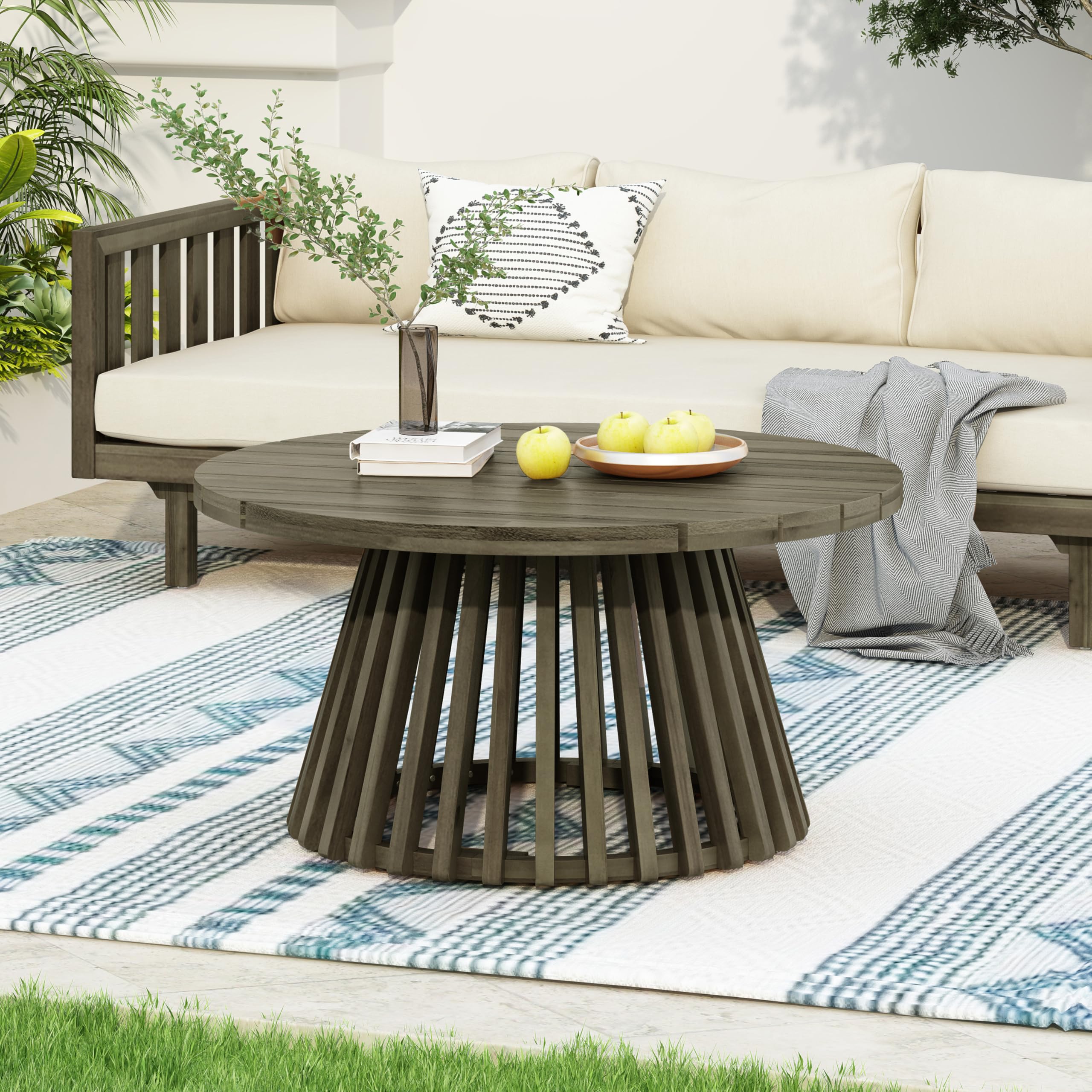 Hakee Acacia Wood Patio Coffee Table, Round Table with Unique Wooden Base for Backyard, Balcony, Stylish Indoor/Outdoor Table, Easy Assembly, 31.5"x 31.5"x 16", Grey