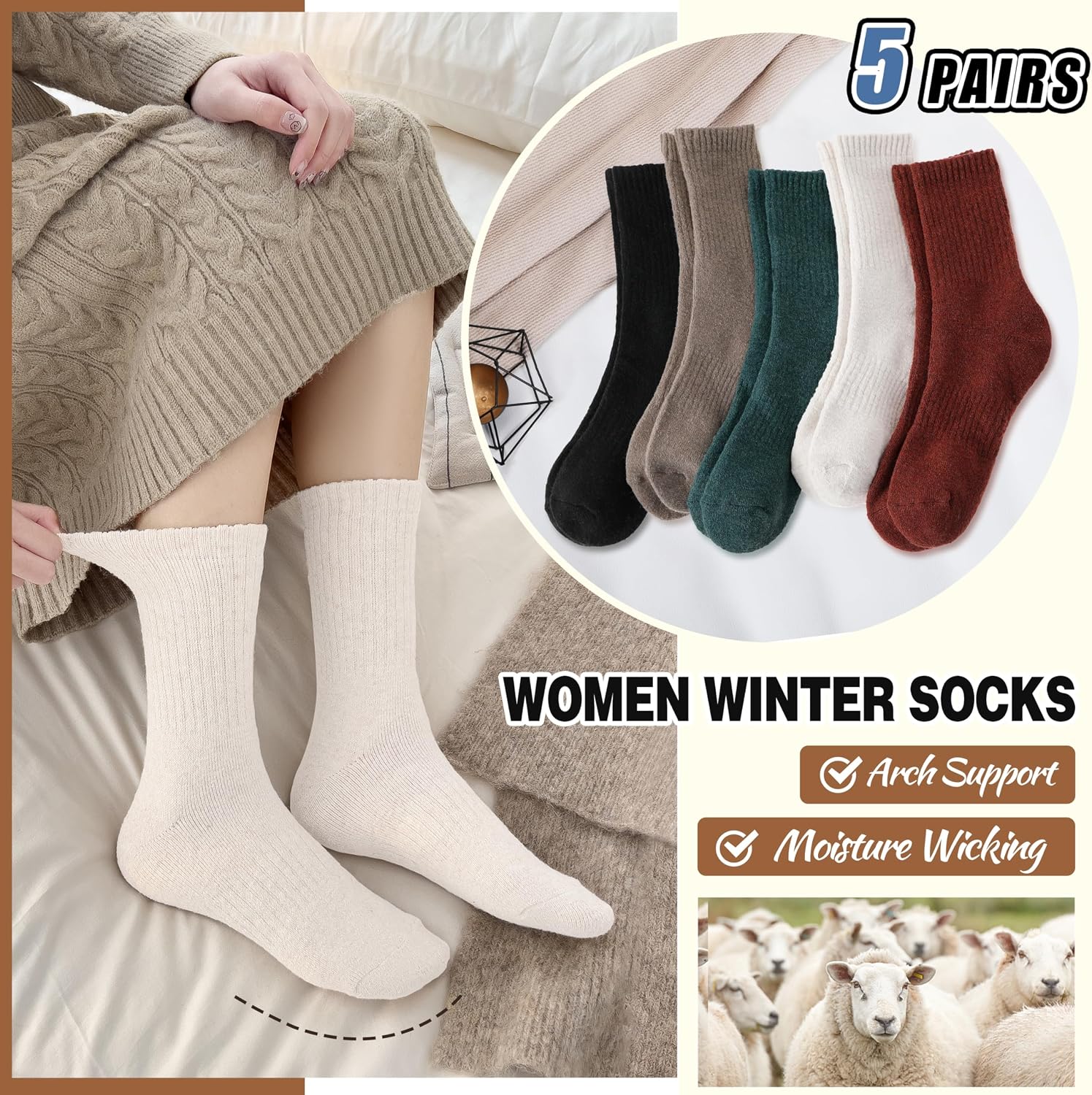EBMORE 5 Pairs Women Merino Wool Boot Socks Warm Thermal Winter Thick Hiking Cozy Cabin Crew Comfy Socks for Ladies