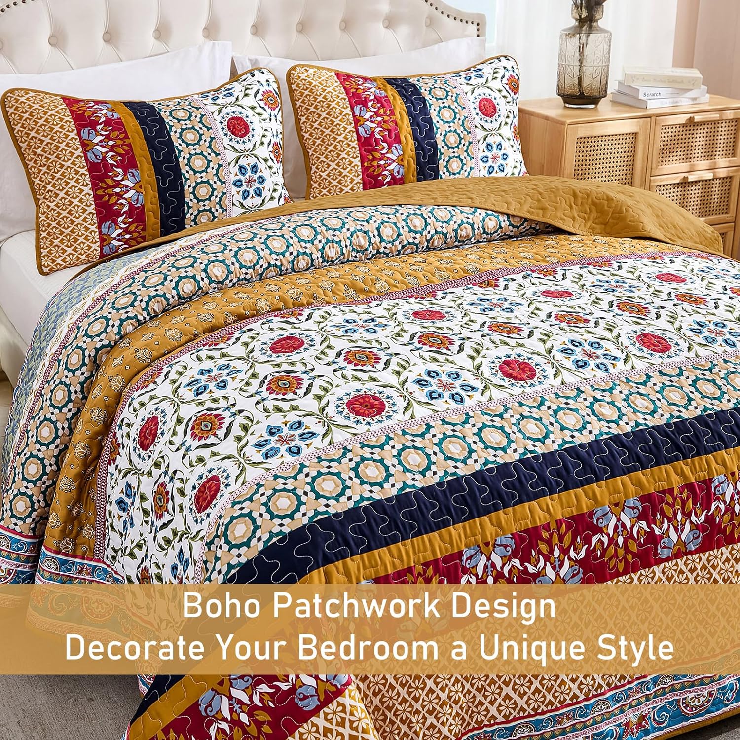 Yiran Boho Quilt Set King Size, Fall Tango Orange Patchwork Bedspreads Bedding Set, Lightweight Bohemia Farmhouse Coverlet Set 110x90 Inch - Image 3
