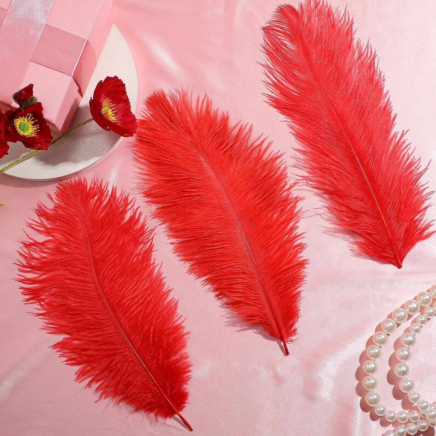 TaoBary White 60 Pcs Red Natural Ostrich Feathers Plumes for Valentine's Day Wedding Birthday Party Red Centerpieces 12-14, 10-12, 8-10 Inches Vase Feathers Flower Arrangement Decors DIY Crafts