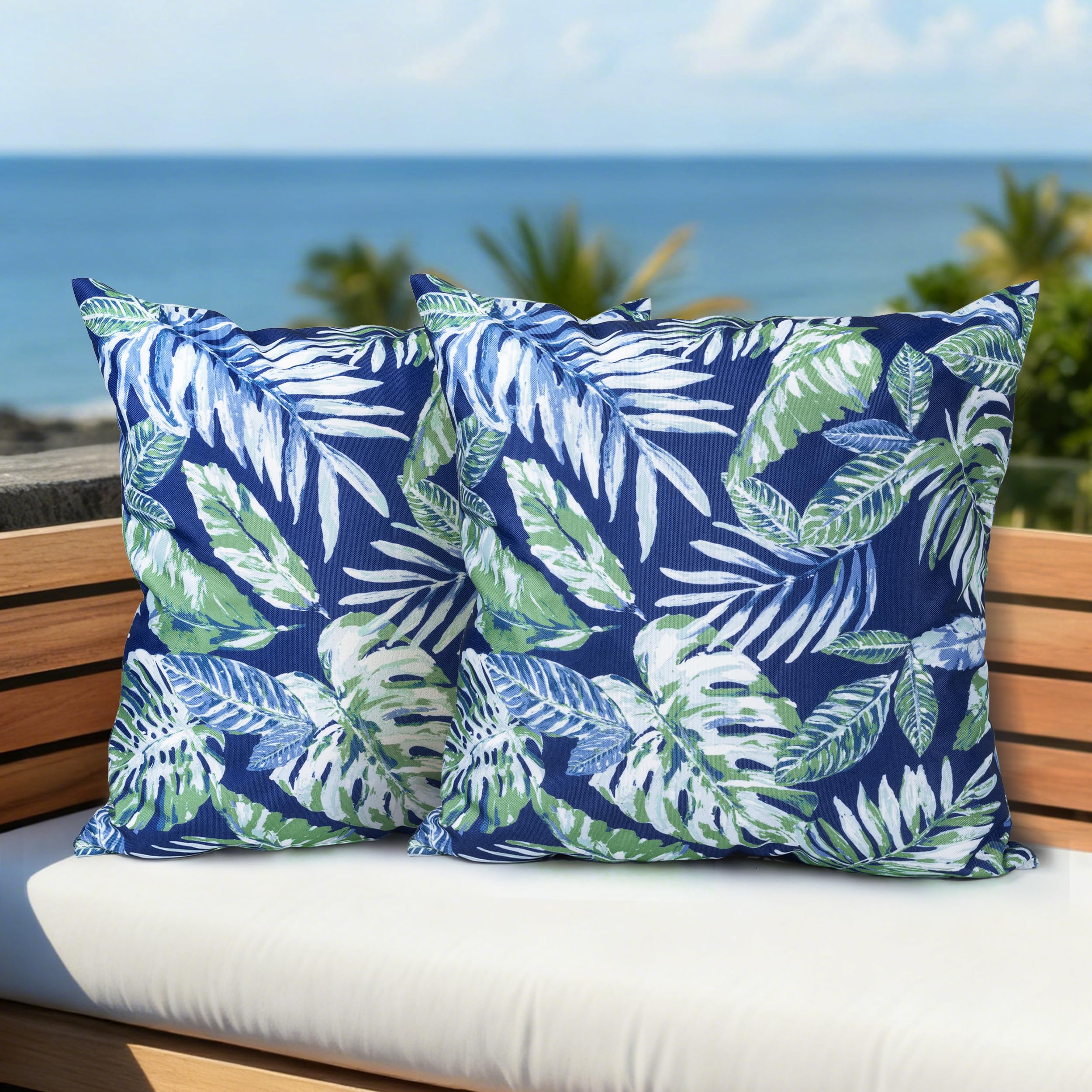 Housses de coussin imperméables et déperlantes motif feuilles tropicales bleues et vertes