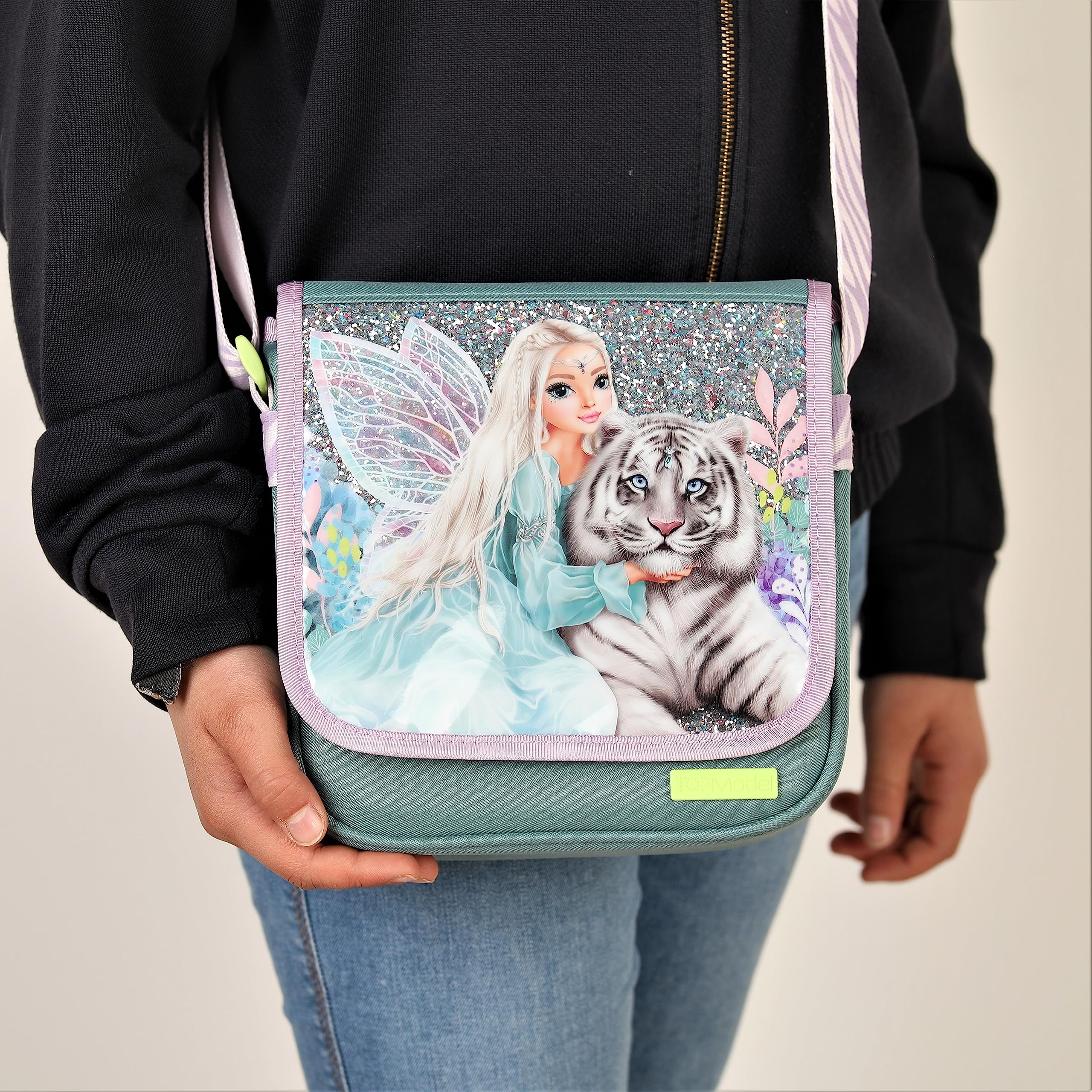 Depesche 12496 TOPModel Fantasy Tiger - torba na ramię w kolorze lawendowym i benzynowym, mała torba z zamkiem błyskawicznym i regulowanym paskiem na ramię