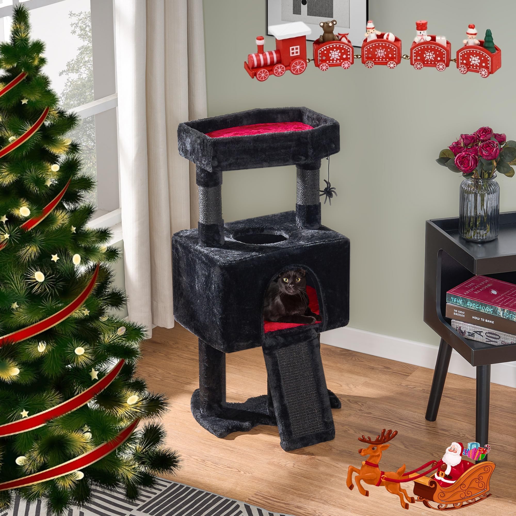BEWISHOME Gothic Cat Tree with Coffin Cat Bed Goth Cat Tower Coffin Cat Tree with Spacious Cat Condo, Soft Cushion, Scratching Post, Spider Hanging Ball Halloween Black Red Pet Furniture MMJ95R