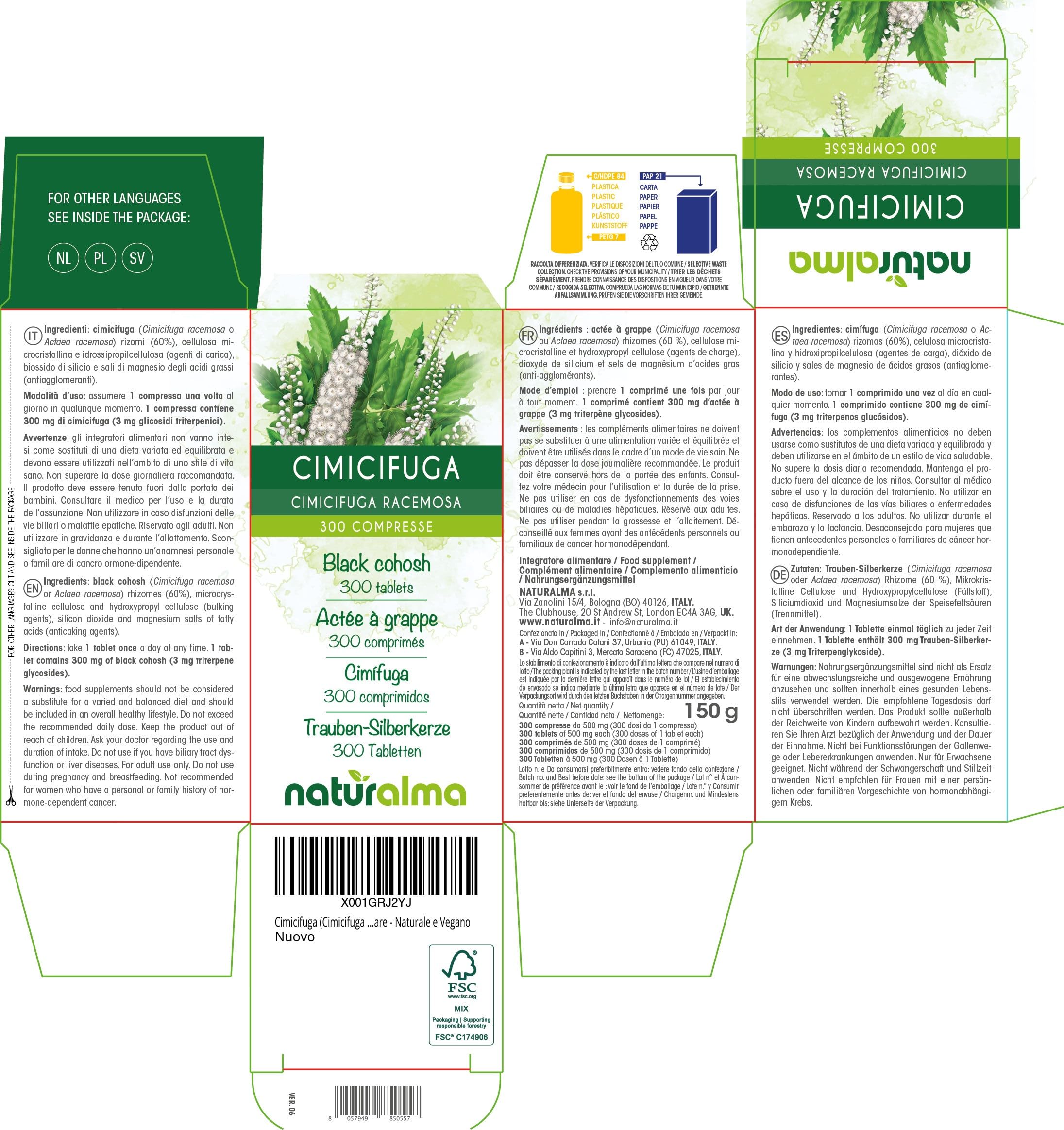 Cimicifuga (Cimicifuga racemosa o Actaea racemosa) rizomi Naturalma - 150 g - 300 compresse - Integratore alimentare - Naturale e Vegano