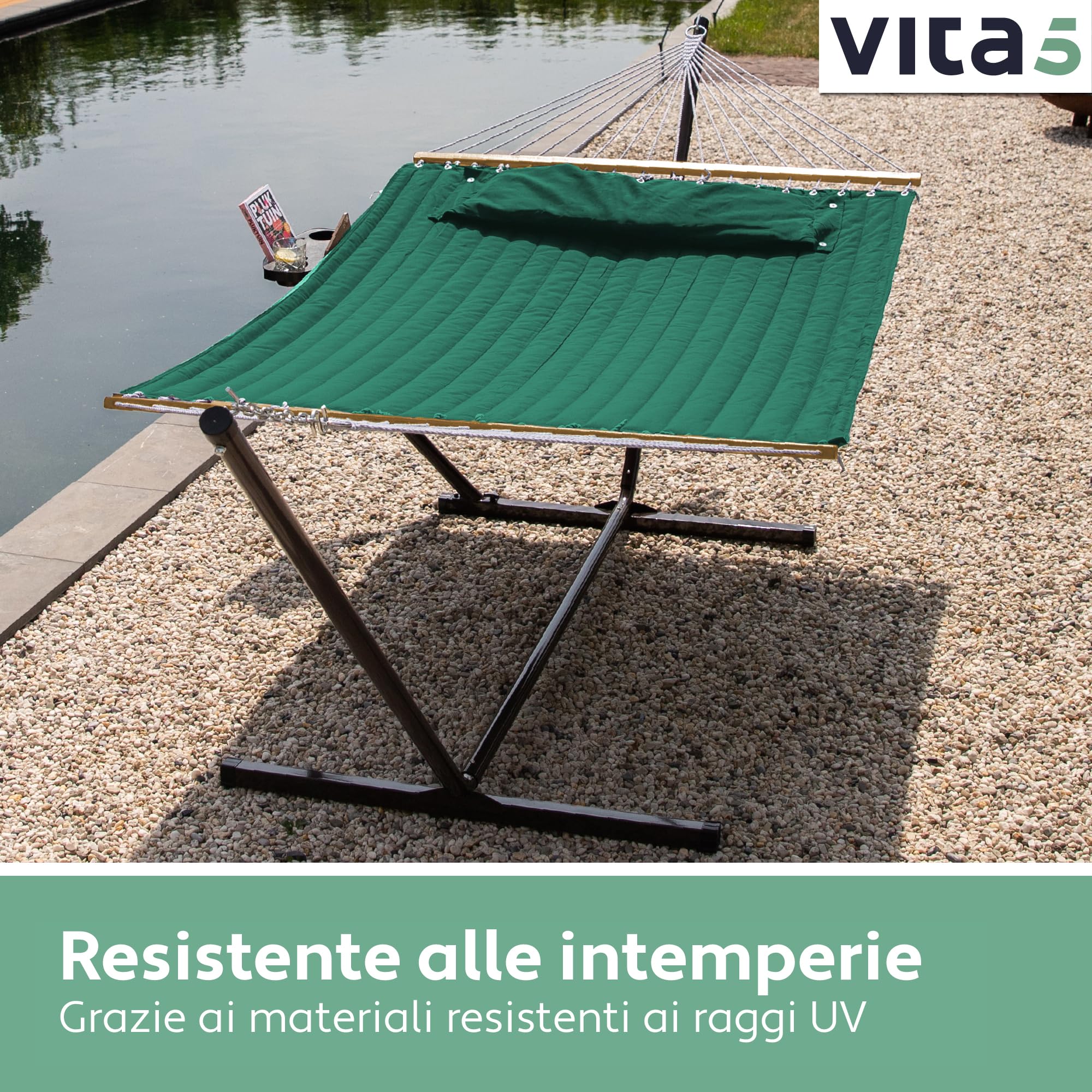 VITA5 Amaca con Struttura e Tavolino – Amaca da Giardino per 2 Persone con Supporto in Acciaio – Amache Doppia per Esterno, Balcone, Piscina – Portata 200kg – Telo Traspirante UV