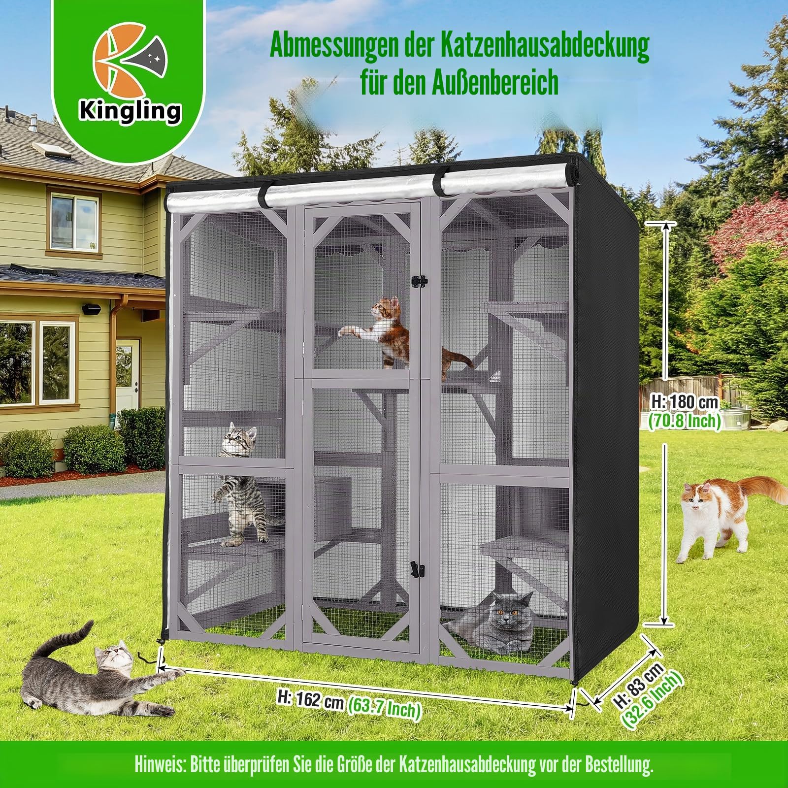 Kingling Katzenhausabdeckung für große Catio, universelle Catio-Abdeckung, wasserdicht und staubdicht, Haustiergehege, Abdeckungen für Katzenhäuser und Höhlen (162 x 83 x 180 cm)