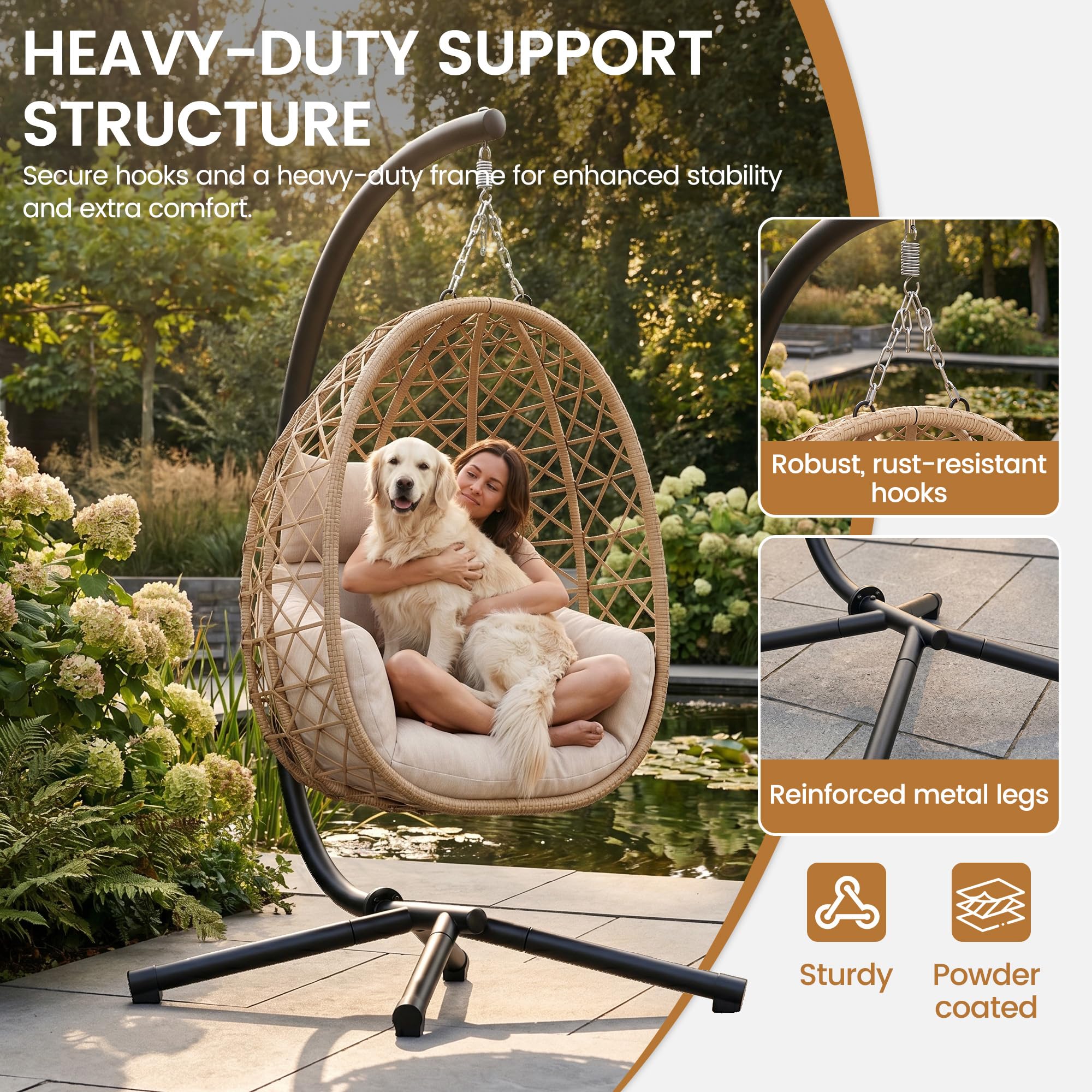UDPATIO Fauteuil Suspendu Exterieur Oeuf Suspendu Exterieur Jardin avec Support, Capacité 160 kg, Coussin Épais 18 cm, Rotin PE, pour Jardin Balcon Terrasse, Beige