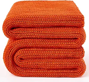 Guohaoi Knitted Weighted Blanket for Adults (Orange 60"x80" 15lbs) No Beads Cooling Throw Blanket for Hot Sleepers, Home Decor Breathable Chunky Knit Heavy Blanket Use on Queen/King Size Bed