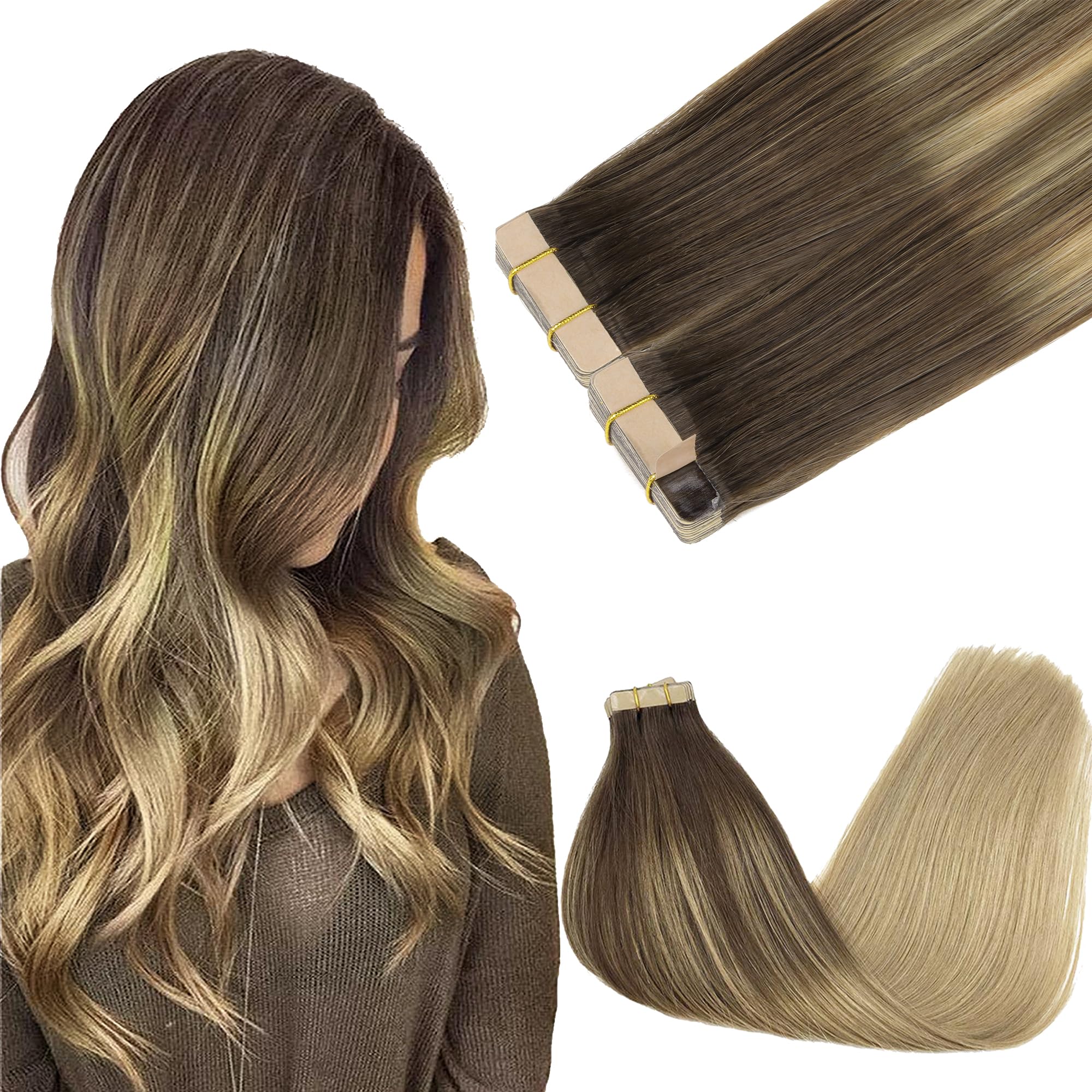 GOO GOO Tape in Hair Extensions Human Hair, 20pcs 50g 16inch, Balayage Chocolate Brown to Strawberry Blonde Real Remy Hair Extensions Seamless Straight Human Hair Extensions — view 76