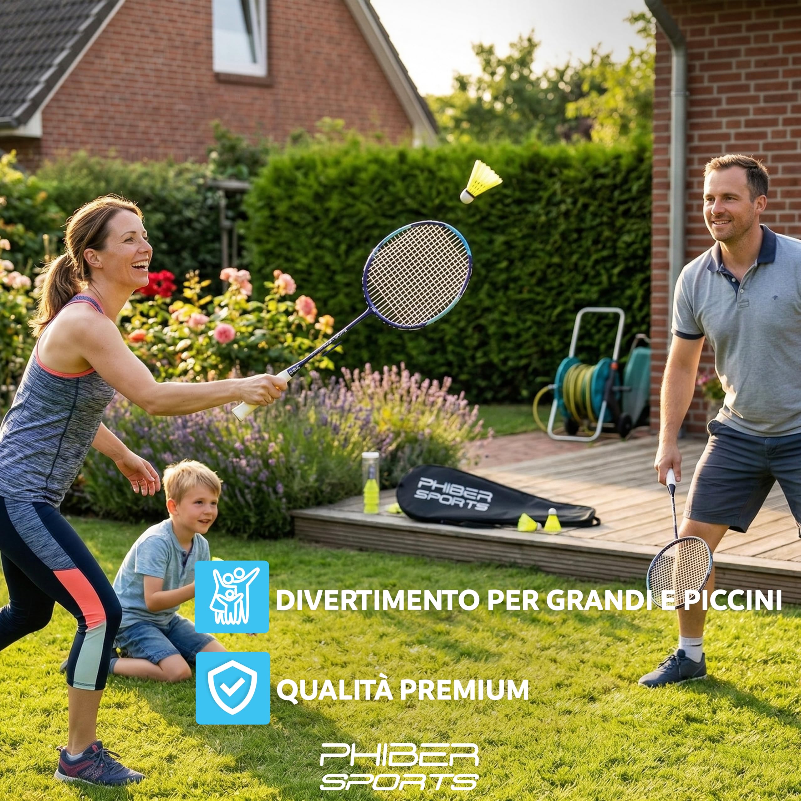 PHIBER-SPORTS Set di racchette da badminton – 2 racchette da badminton + 3 volani + borsa – Robusto set di volani per giardino e parco – ideale per principianti e professionisti (set di racchette da