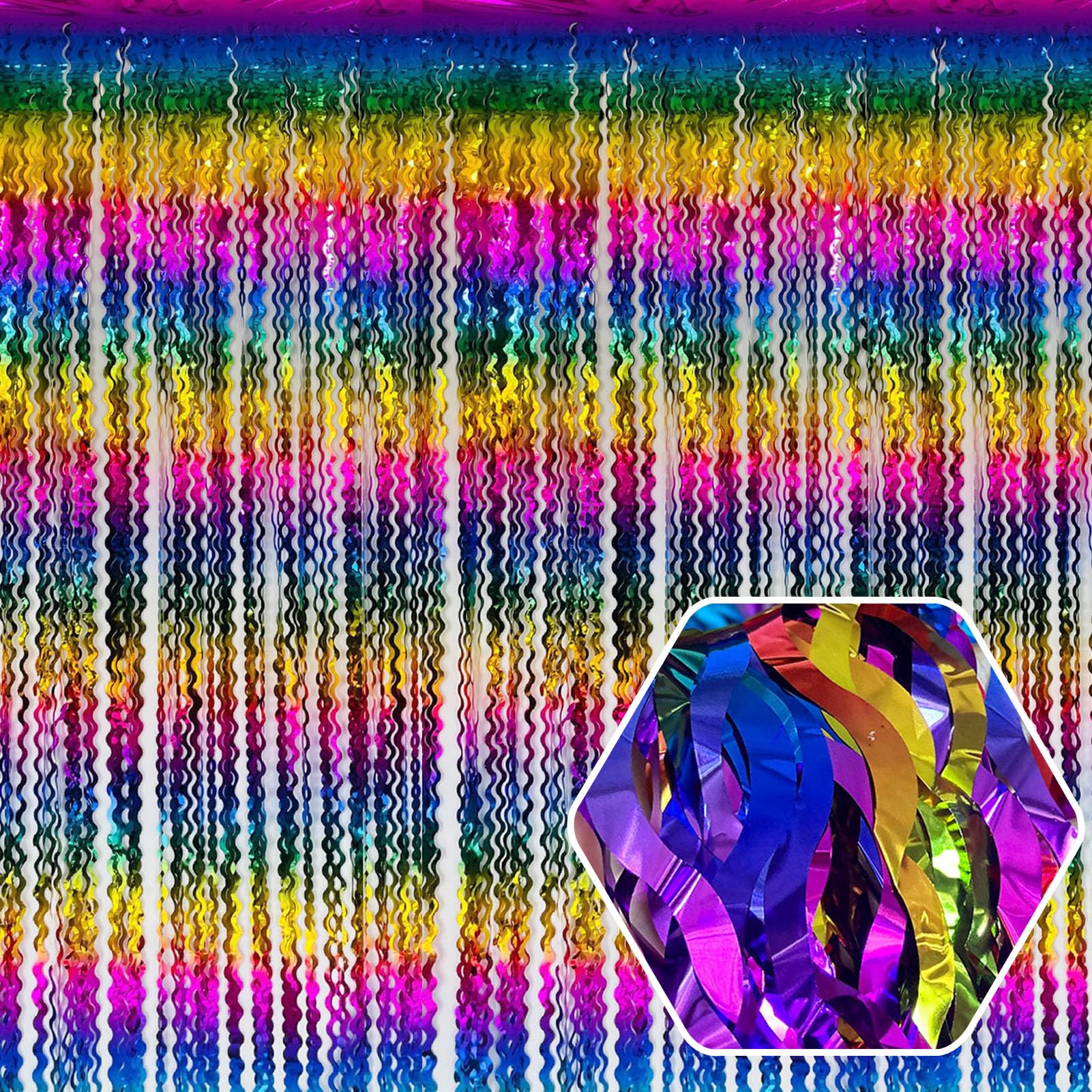 4 Pack Rainbow Wave Foil Fringe Curtain Backdrop, 3.28Ft x 8.2Ft Metallic Tinsel Foil Fringe Streamer Curtains for Photo Booth, Mother's Day, Easter,