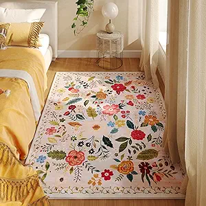 Bedroom Rug 3x5 Rug Washable Area Rug Non Slip Low Pile Boho Floral Small Carpet for Bedroom, Bedside, Kitchen, Entryway, Kids Room, Office, College Dorm Essentials for Girls(Beige)