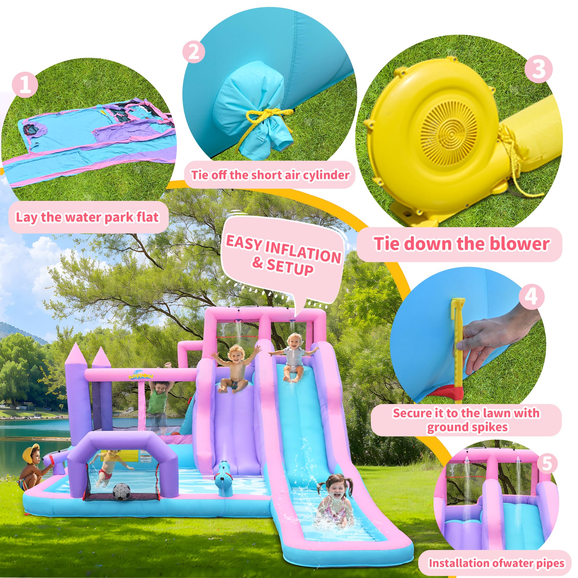 8-in-1 Aufblasbarer Wasserrutschen-Park, 6,1 m x 3,6 m Hinterhof-Hüpfhaus mit 5,5 m langer Rutsche & 2 Bodyboards, Kinder-Wasserrutschen für 3-10 Jahre, inklusive 650-W-Gebläse