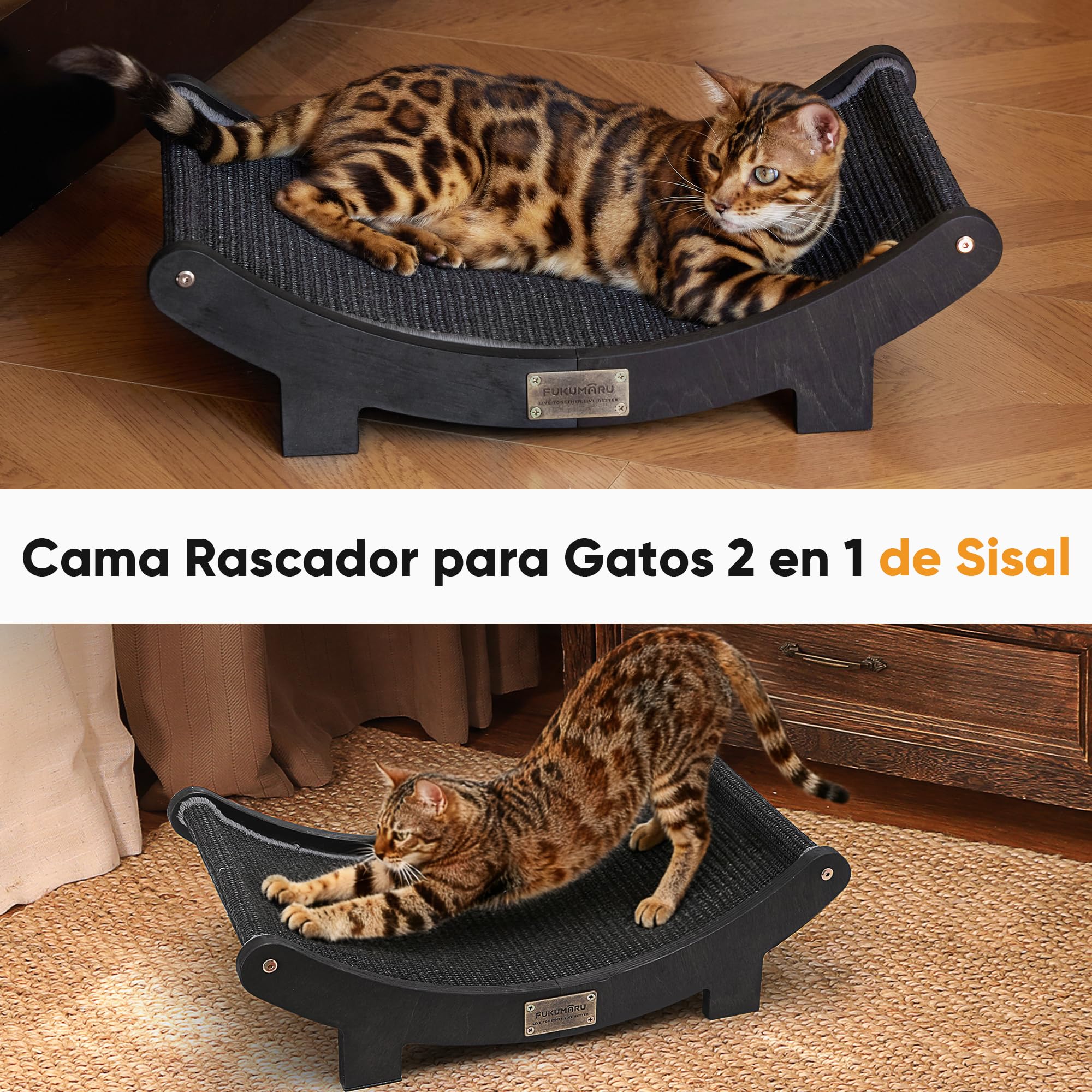 FUKUMARU Rascador de sisal en Madera, 60 cm Cama rascadora Robusta para Gatos domésticos, Hamaca de sisal 100% Natural, Base de Madera Maciza para Dormir y rascar uñas (Negro)