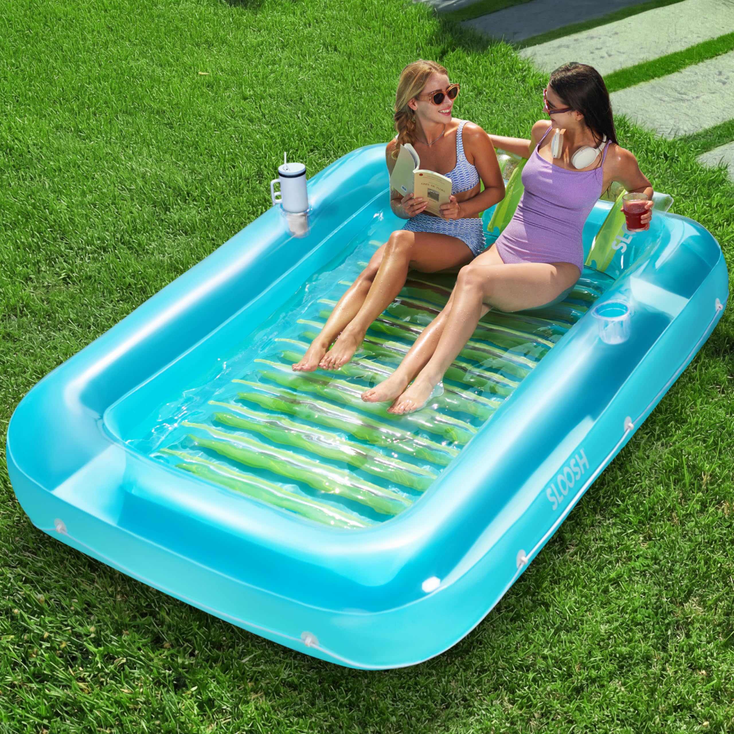 SLOOSH Inflatable Tanning Pool Lounger Float, 85" x 57" Extra Large Pool Floats Adult with Pillow, 4 in 1 Suntan Tub Raft Floatie,Sunbathing Bed Lounge for Water Blow Up Ball Pit, XL-Blue Green