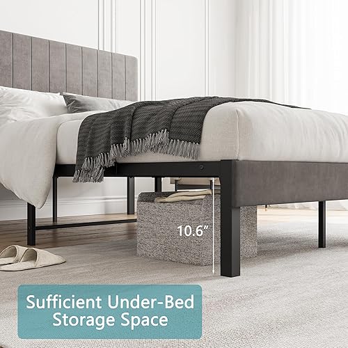 Miniatura 7 de FOUBAM Base de cama tapizada de tamaño matrimonial con cabecera copetuda y soporte de listones de metal, plataforma resistente, base de cama sólida