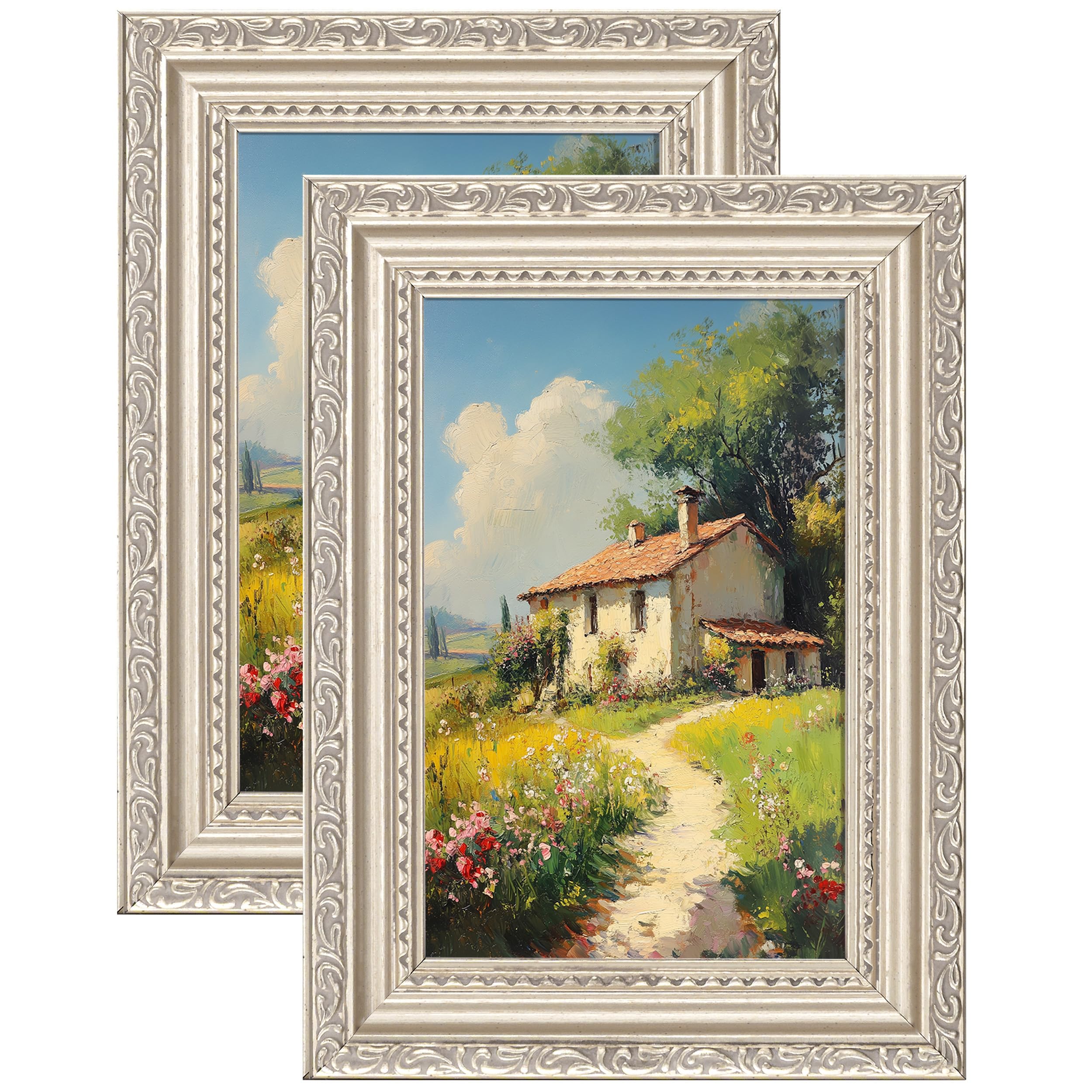 eletecpro 4x6 Vintage Picture Frame, Glass Cover, Silver Beige, 2-Pack