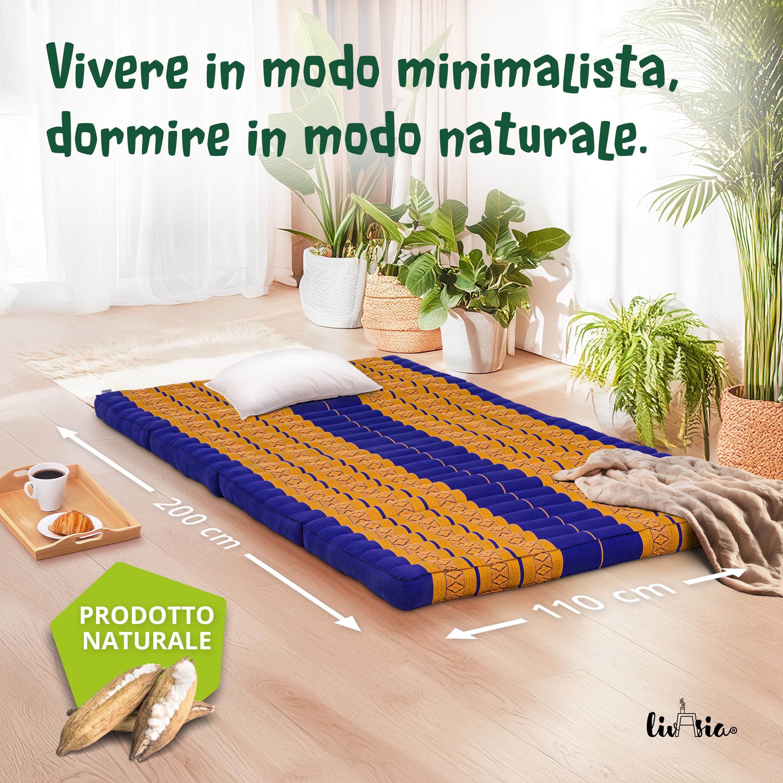 livasia Materasso pieghevole sostenibile in kapok - 200x110x8cm - materasso largo per gli ospiti, materasso pieghevole, tappetino yoga, letto per gli ospiti, lettino giardino balcone (Blu/Giallo)