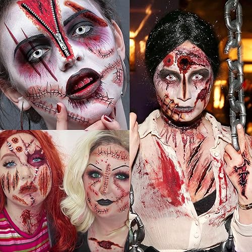 Billzar - Juego de 138 piezas de tatuajes de cicatrices falsas de Halloween para hombres, adultos, mujeres y niños, kit de maquillaje de zombi, 18
