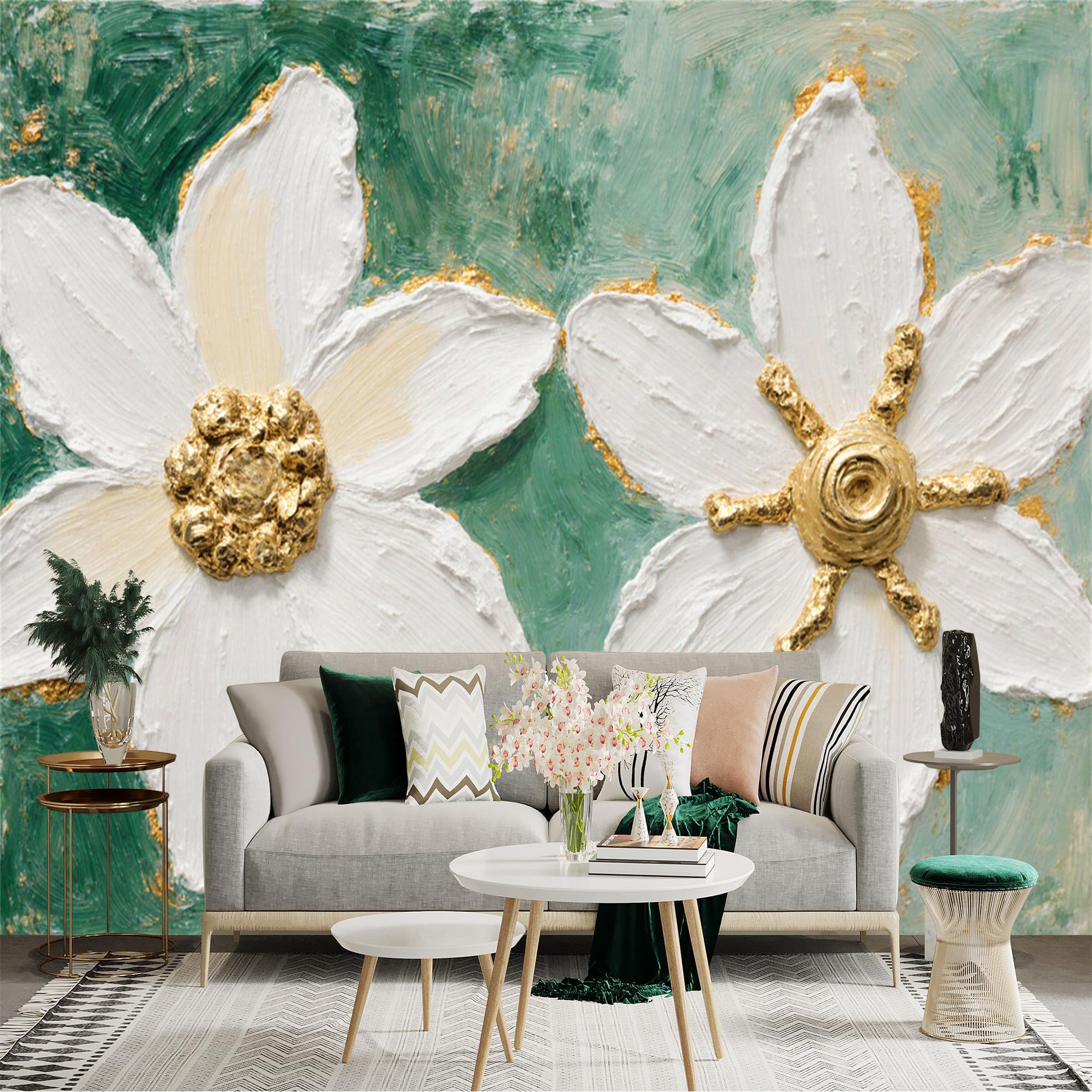 Custom Size Wall Sticker Mural， White Flowers with Gold Texture， Abstract Floral Oil Painting Style， for wall Decoration， peelandstick wall Decals.