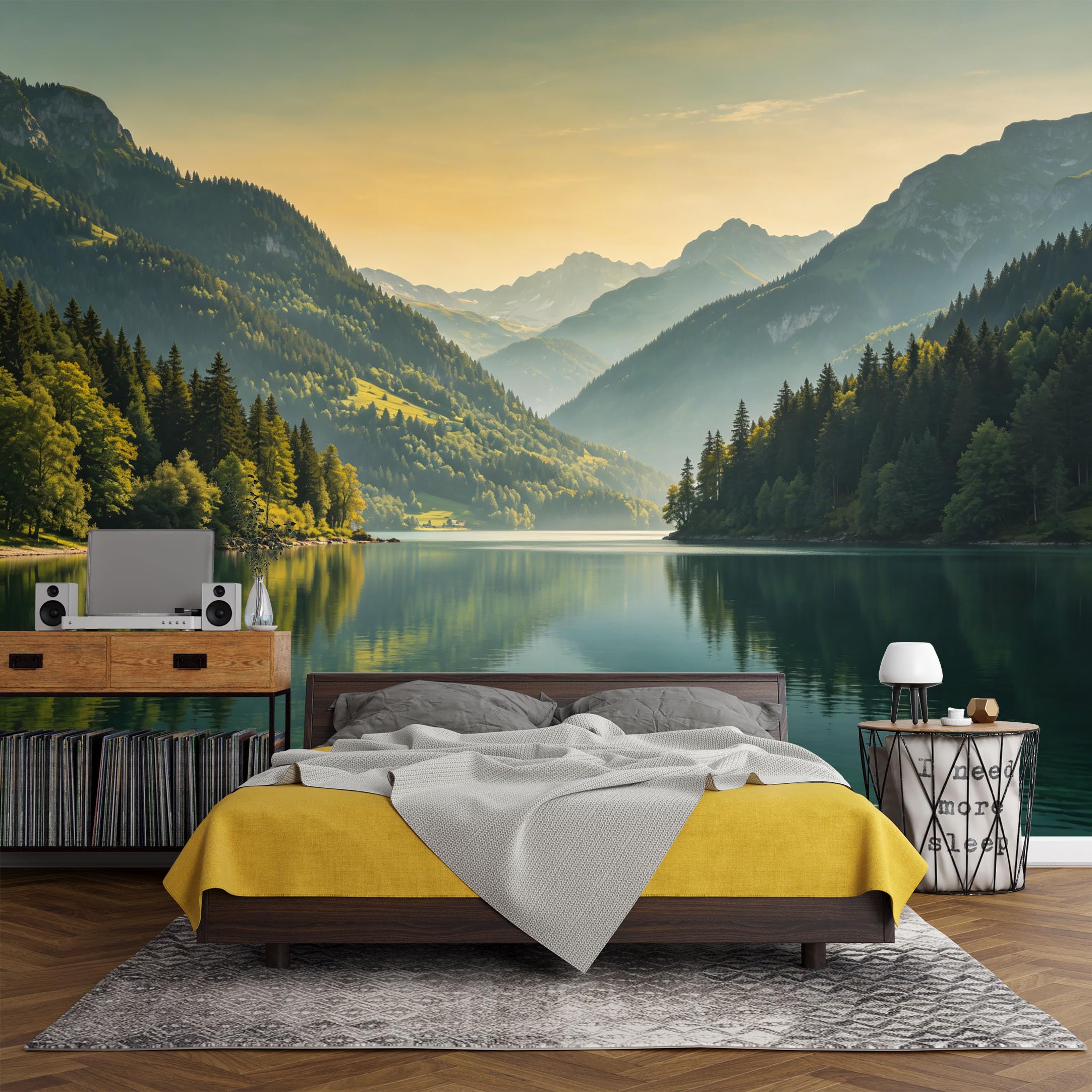 Custom Size Wall Mural， Mountain Lake Sunrise Forest Landscape Scenic Nature Reflection，SelfAdhesive Art Prints wall Fabric (No PVC) Removable Wallpaper Living Room Decor