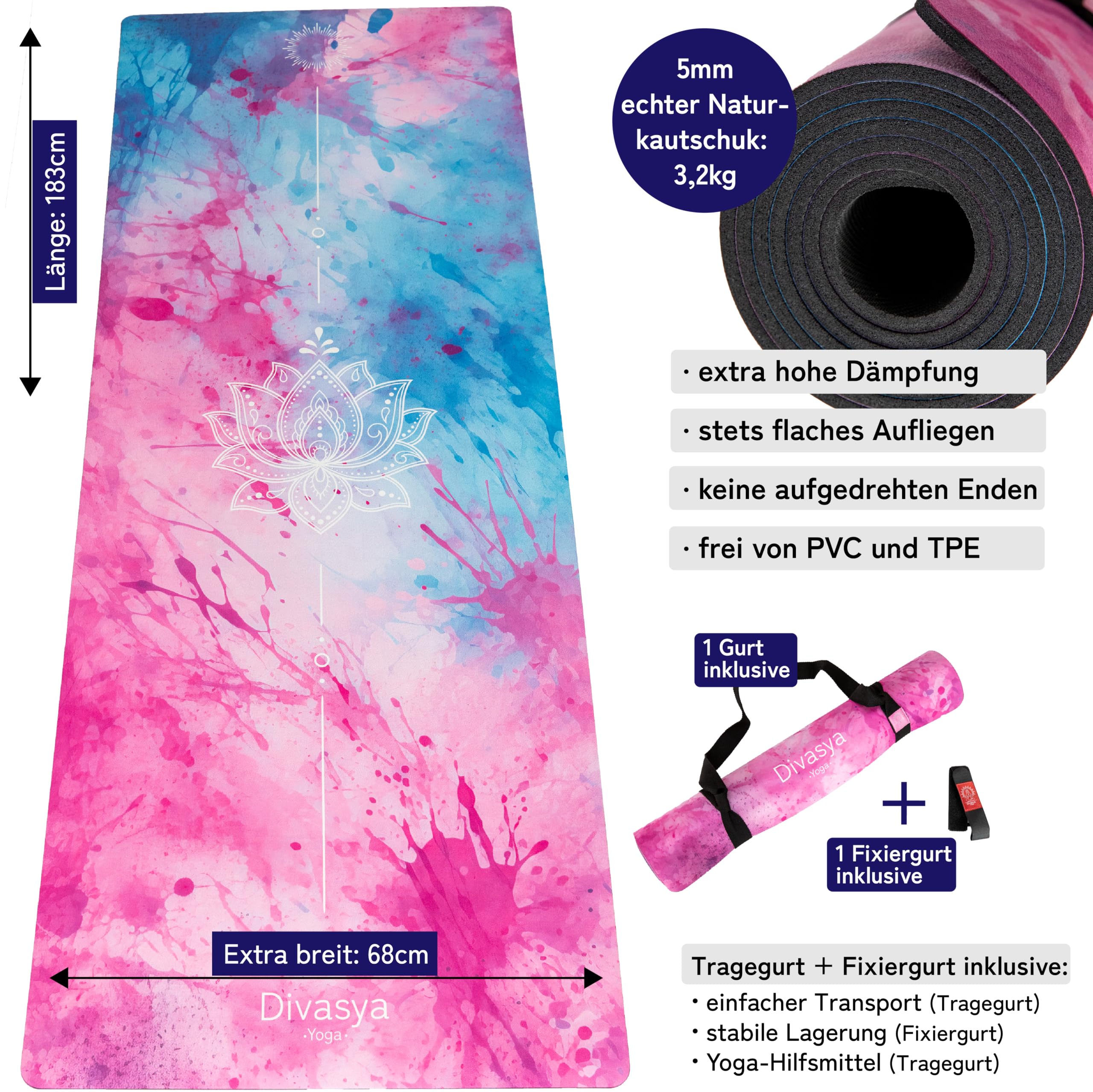 Premium Yogamatte: echter Naturkautschuk rutschfest & weiche rutschfeste Mikrofaser, extra-breit, extra-dick (183x68x0,5cm), Tragegurt & Strap, auch Pilates-Matte