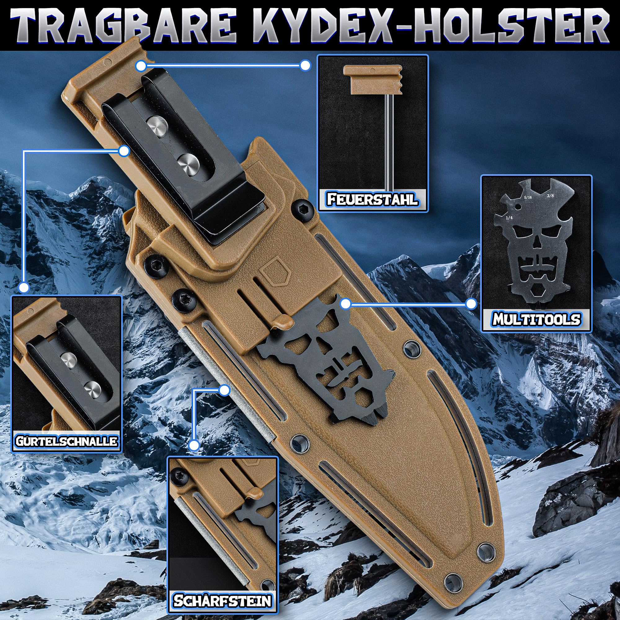 Purple Dragon Khaki Couteau de Survie, Étui Kydex, Acier D2 et Soie Pleine | Couteau à Lame Fixe, Soie Pleine, D2, Manche G10, Étui Kydex, Camping, Bushcraft, Plein Air, Survie, Outdoor, Cadeau Homme