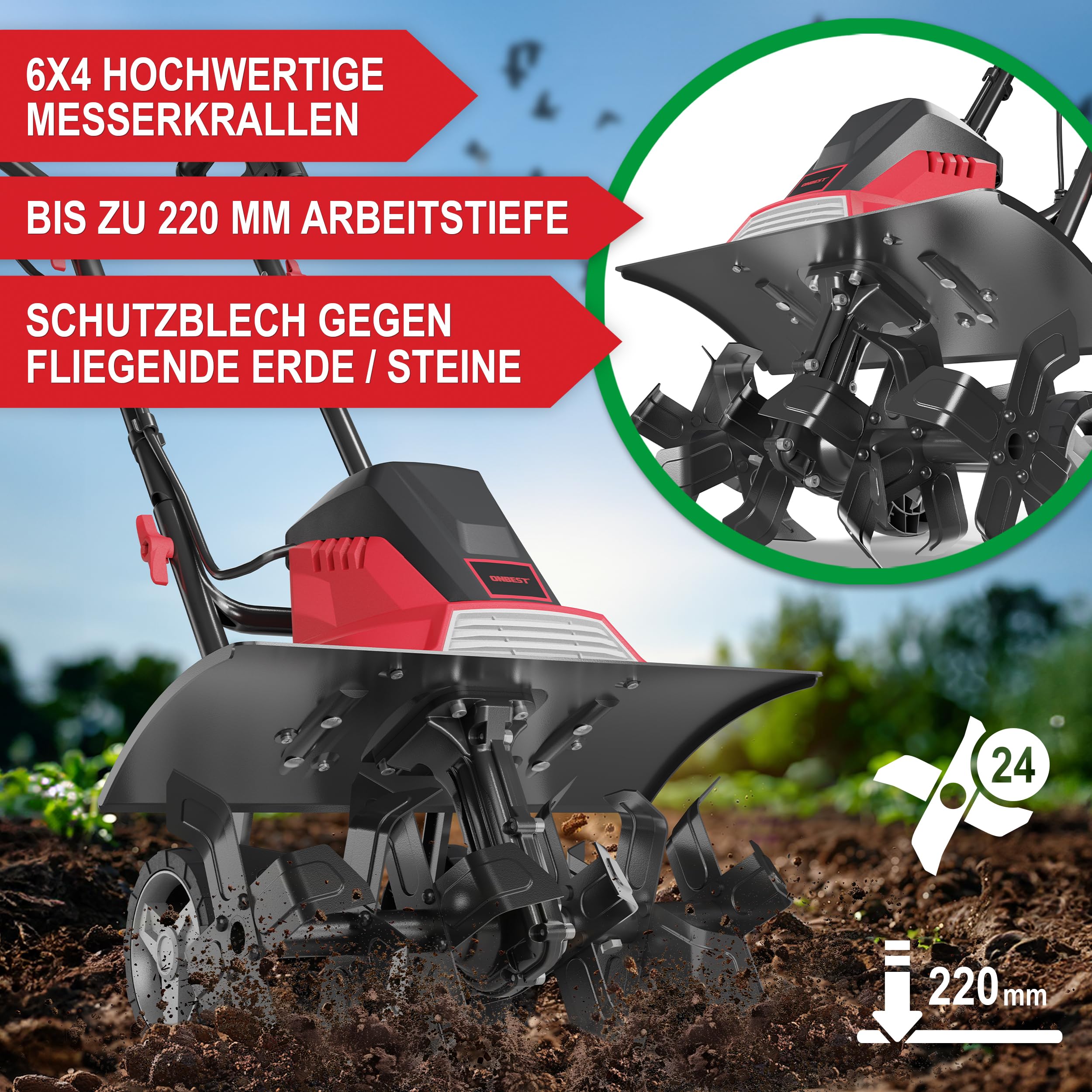 ONBEST Elektro Gartenfräse – 45 cm Arbeitsbreite – 1500 Watt Motor – 24 Messer – elektrische Bodenhacke Motorhacke – Gartenhacke – Kultivator – zum umgraben und auflockern vom Boden