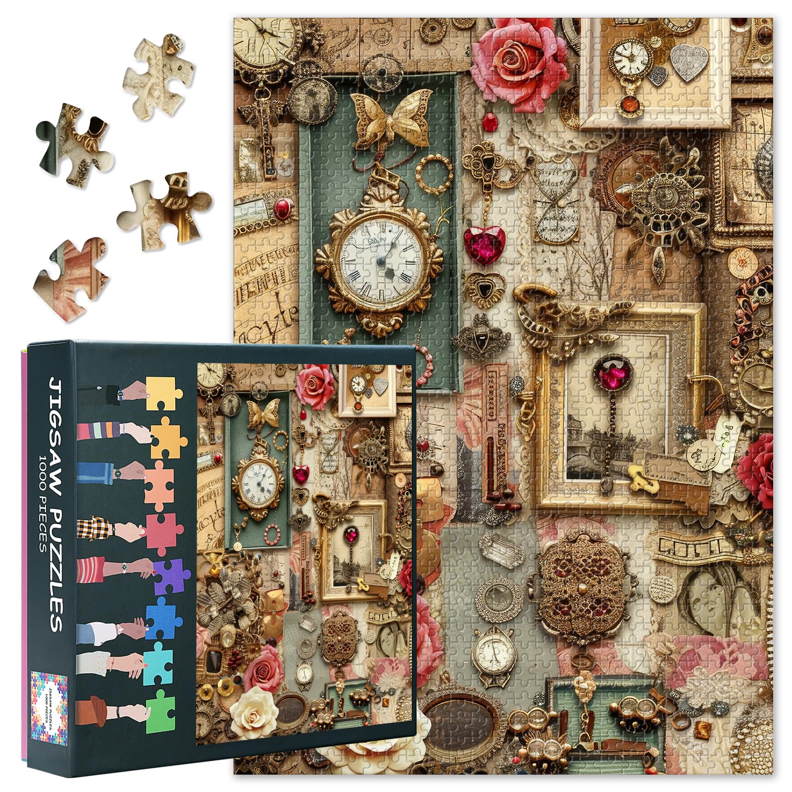 Vintage Jigsaw Puzzles for Adults 1000 Pieces, Retro Background with Old Books, Watches, Hearts and Other Items Puzzle