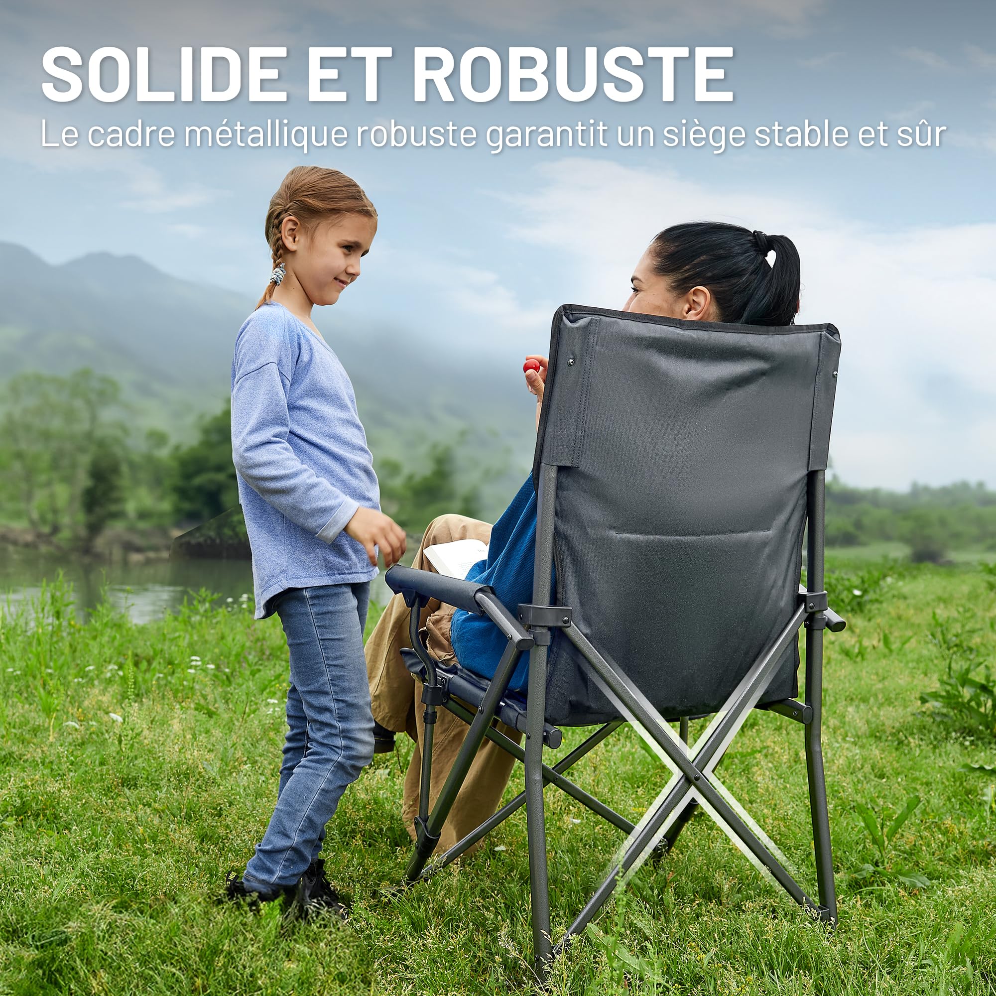 TIMBER RIDGE Chaise de Camping Pliable Dossier Haut avec Accoudoir Dur | Supporte jusqu'à 150kg avec porte-gobelet intégré légère et portable, idéale pour le camping, la pêche et le jardin
