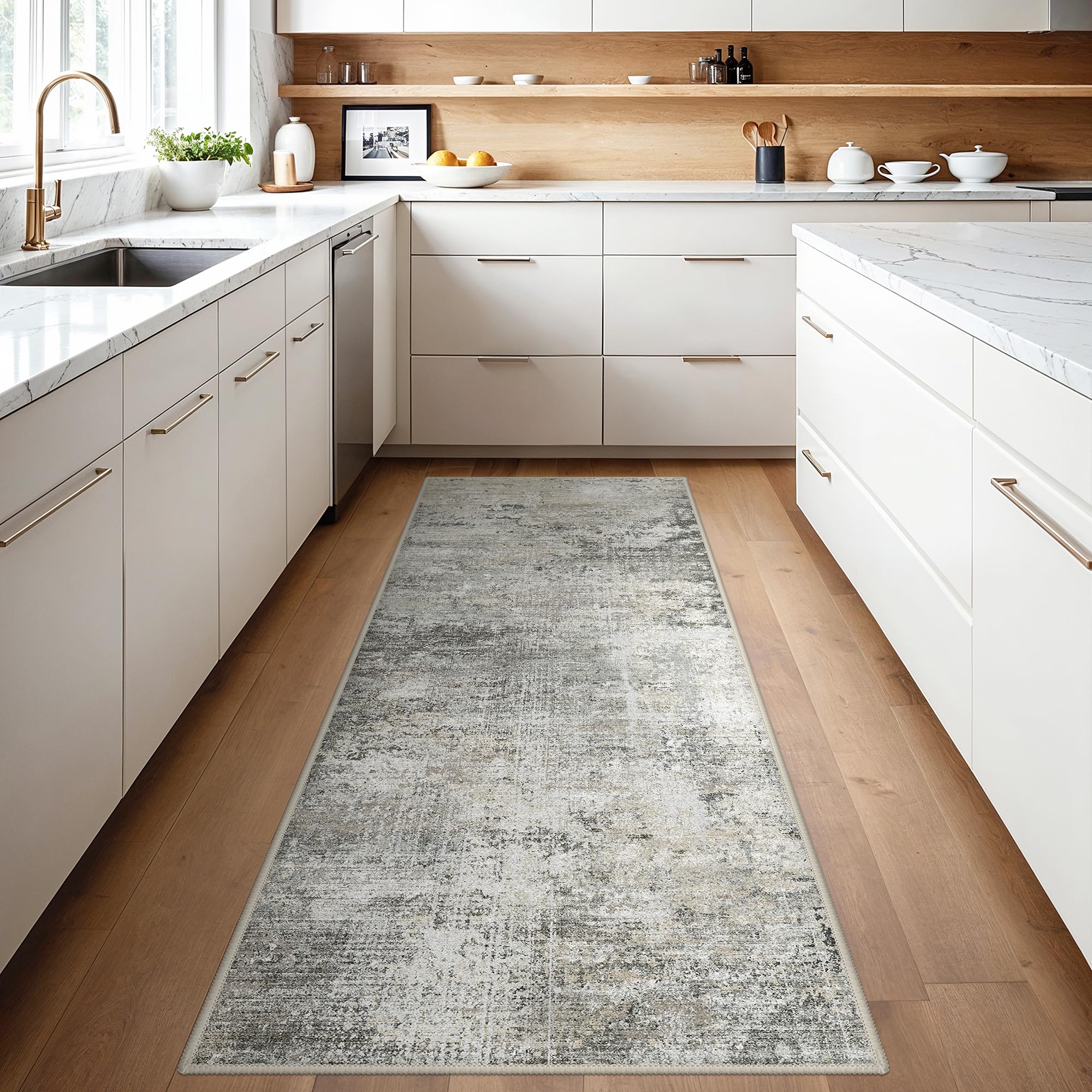 BEIMO Runner Rugs for Hallway 80x300cm, Non-Slip Extra Long Washable Runner Rugs Soft Low Pile, Modern Abstract Rug Carpet Runners for Entryway Kitchen Bedside Laundry Room, Grey and Beige