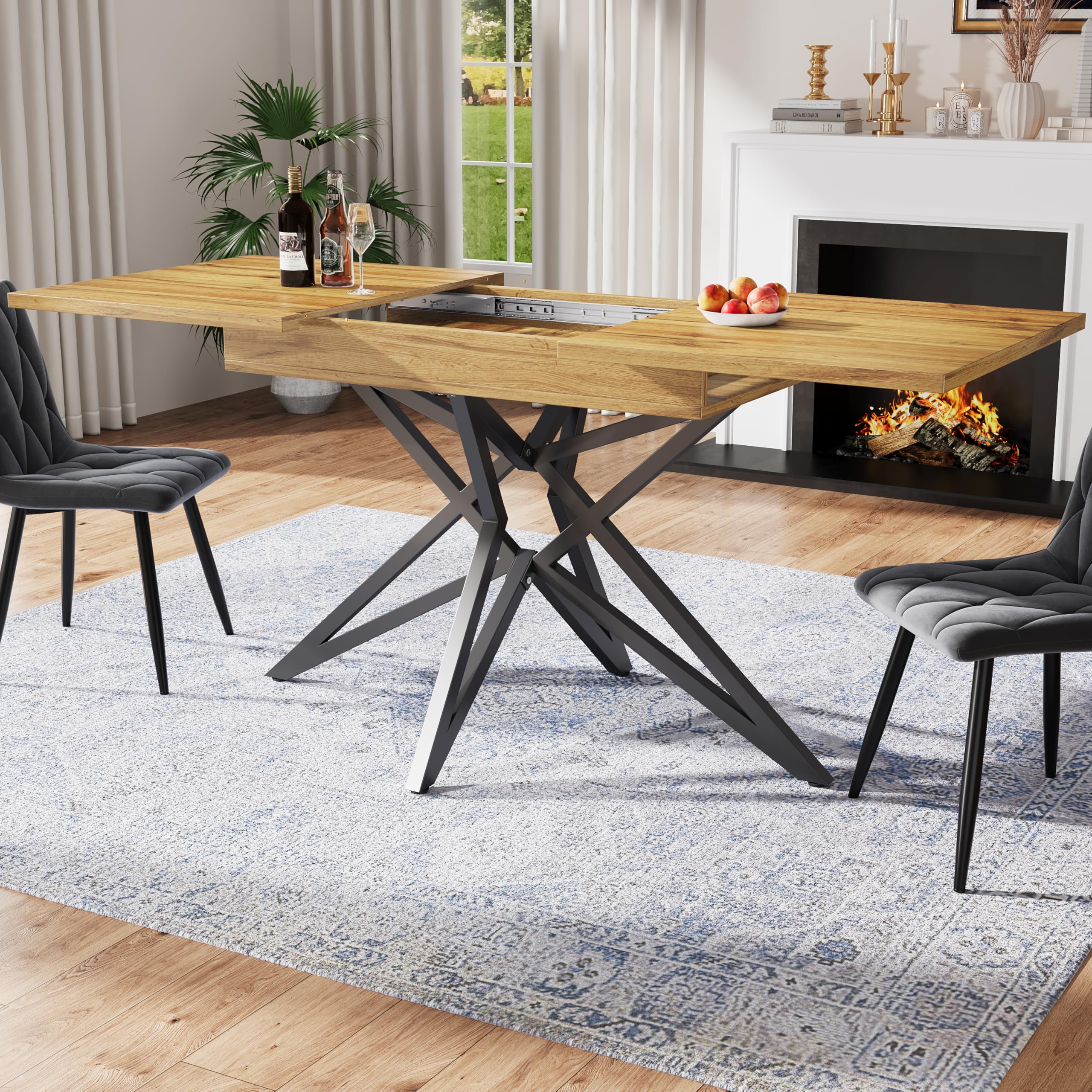 Generisch Tavolo da pranzo allungabile, 120 (160) x 80 x 66,1 cm, tavolo da cucina per la colazione, con piano in legno di noce/marmo, gambe in metallo nero a forma di stella, portata fino a 60 kg