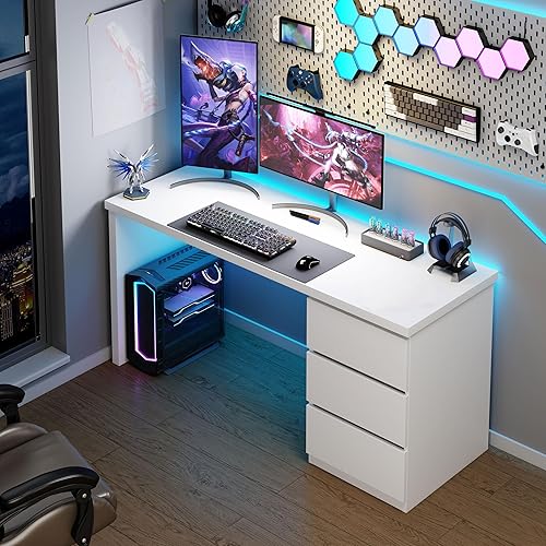 Miniatura 6 de furtble Escritorio blanco con cajones, escritorio de computadora de oficina en casa de 47 pulgadas de ancho, escritorio de tocador moderno con