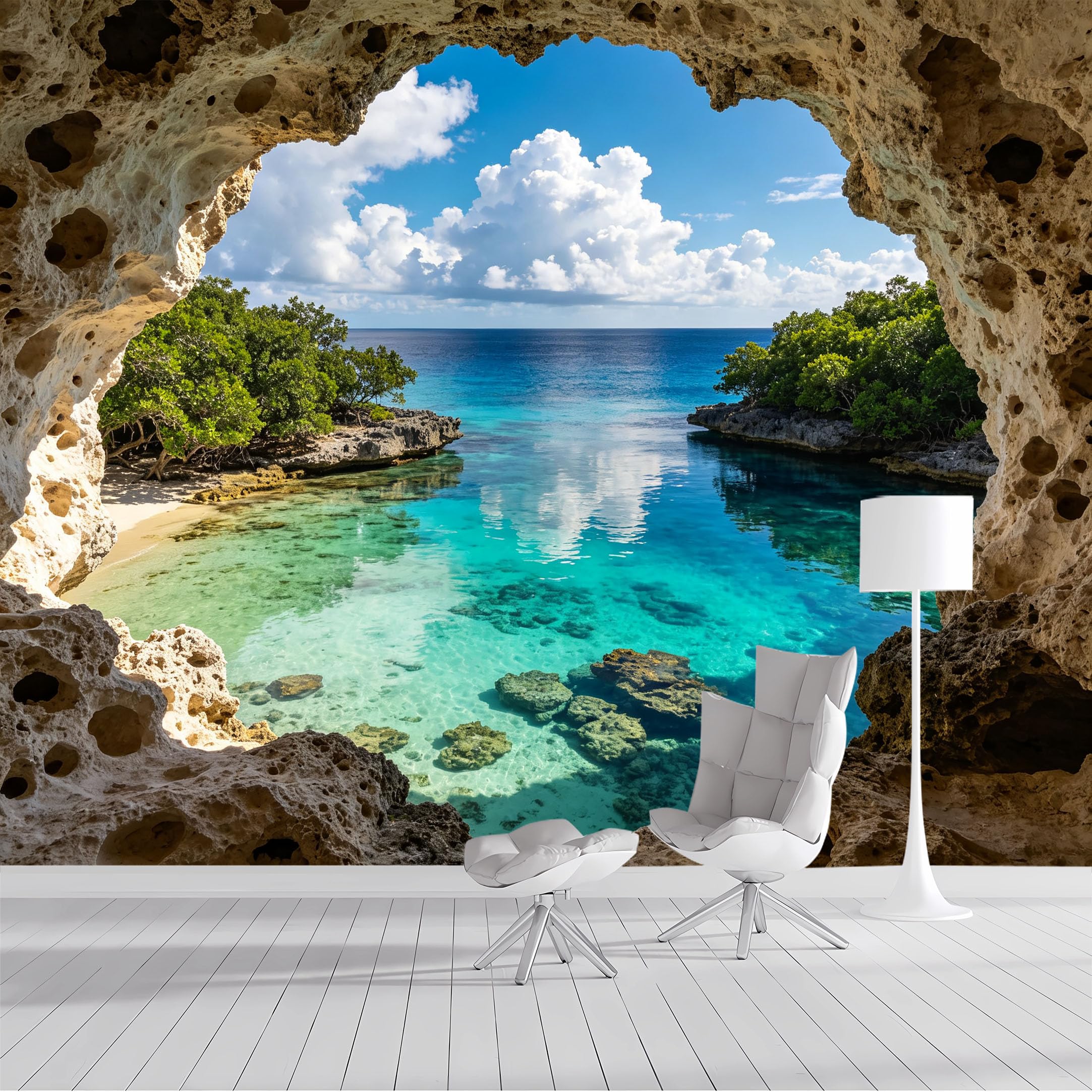 Yzpallescene Bh260711055 Custom Size Wall Mural Coastal Ocean Cave Seascape Tropical Selfadhesive Wall Fabric Removable Peel And Stick Wallpaper Wall Decor For Living Room Bedroom Bathroom