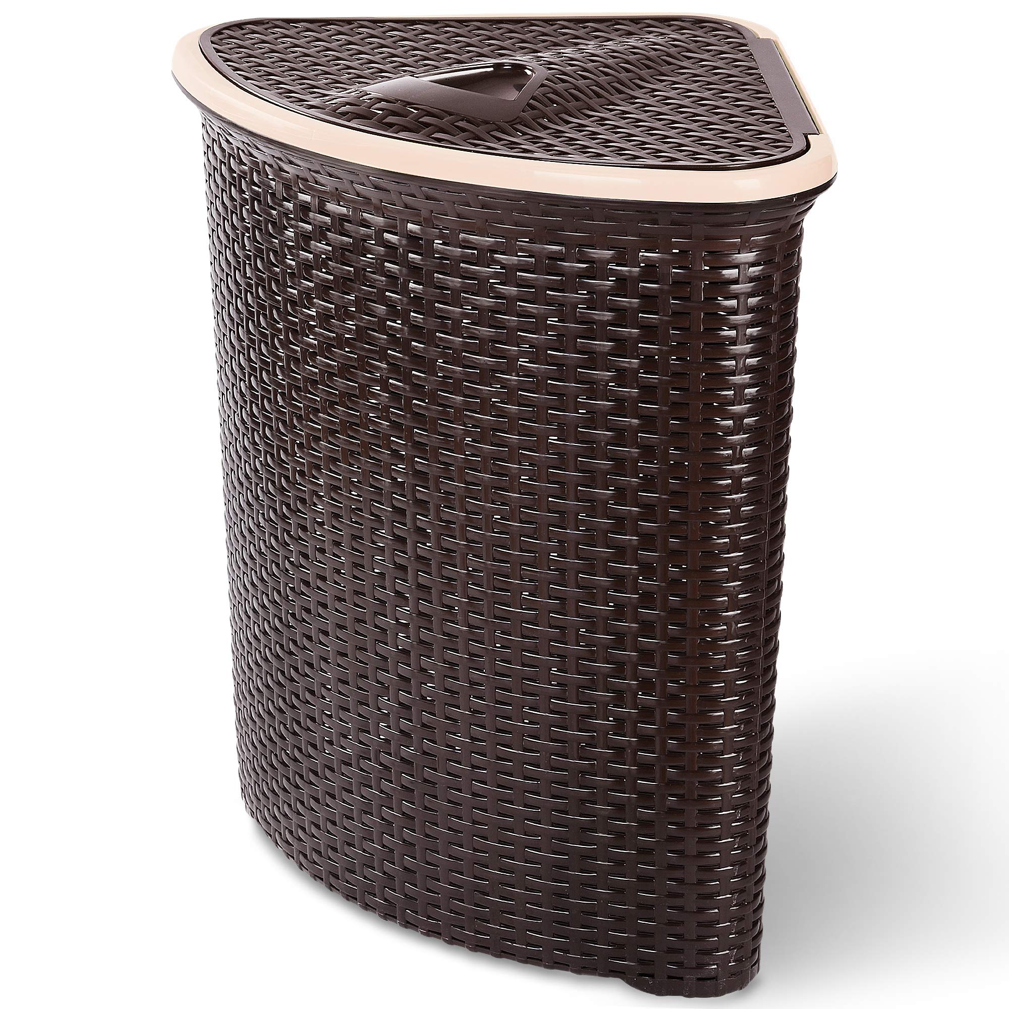EVELYN LIVING 55 Litre Corner Laundry Basket Plastic Rattan Design Clothes Washing Hamper Storage with Lid & Handles (Brown)