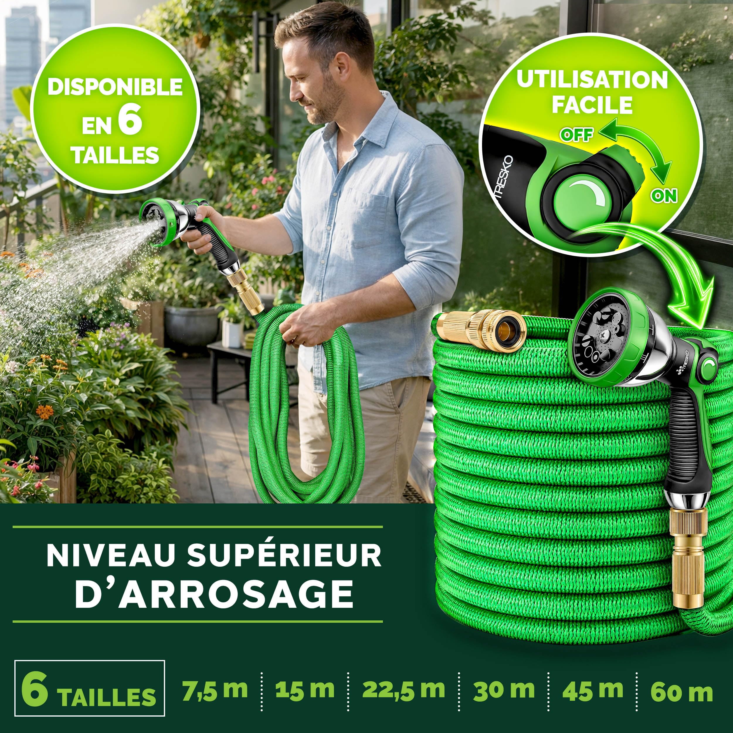 TRESKO® Tuyau d'arrosage Flexible et Extensible pour Jardin | Extensible | avec 3 Embouts en Latex | Tuyau d'arrosage rétractable (Vert, 15m)