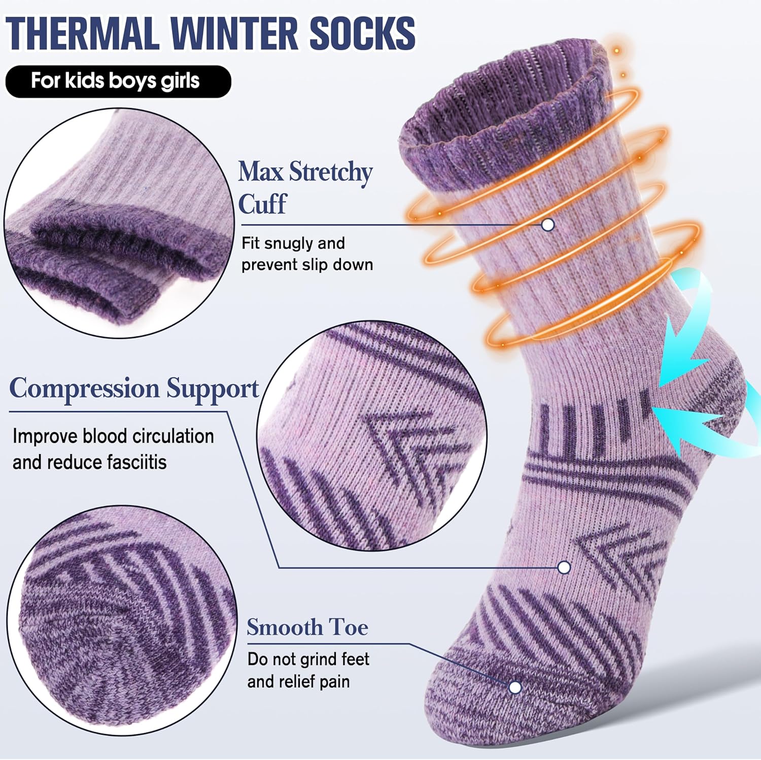 EBMORE Kids Merino Wool Hiking Socks Thermal Winter Warm Thick Boys Toddlers Girls Cushion Crew Socks 6 Pairs