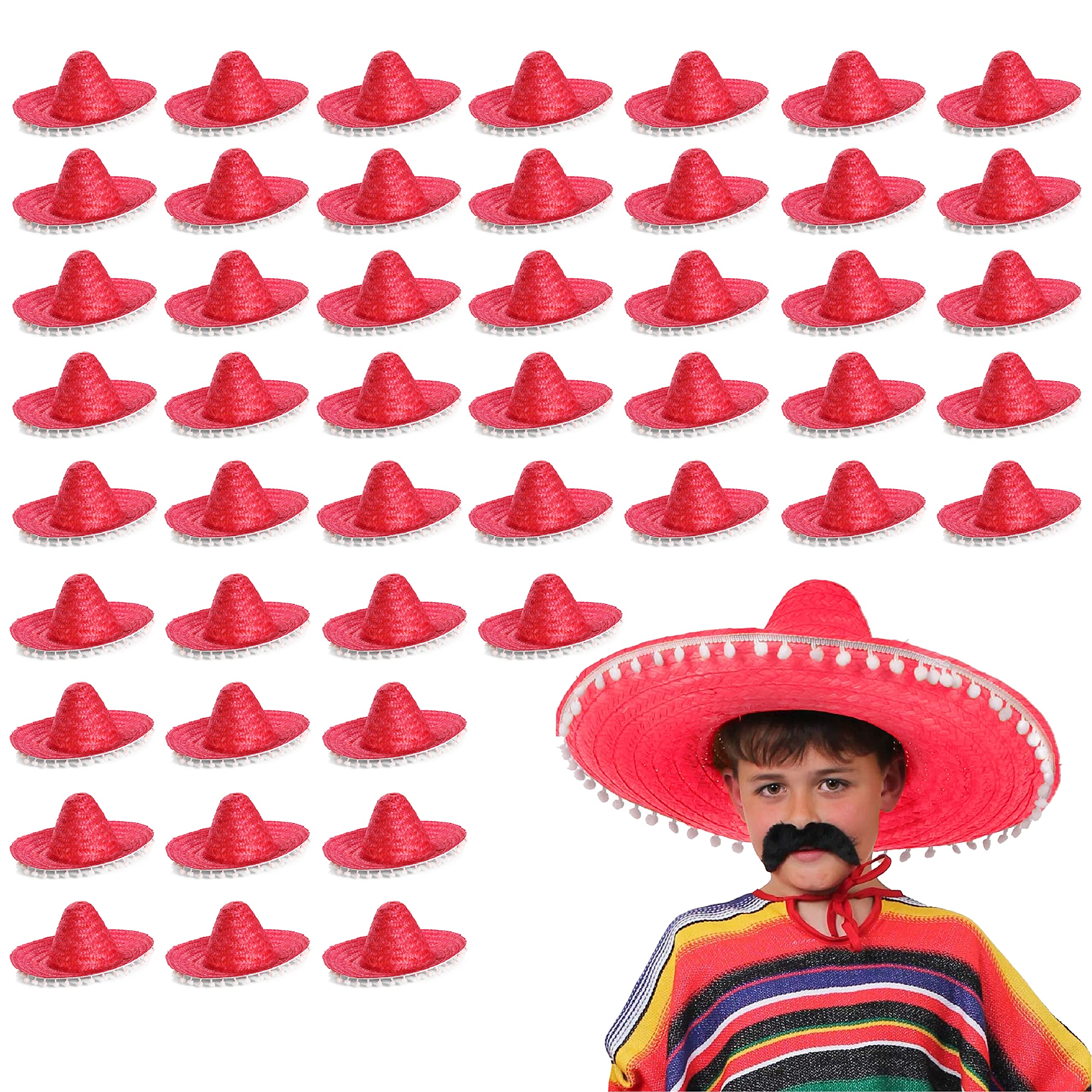 Kids Mexican Multicoloured Sombrero With Pom Pom Edges Fancy Dress Accessory Hat Straw Holiday - Pack Of 48